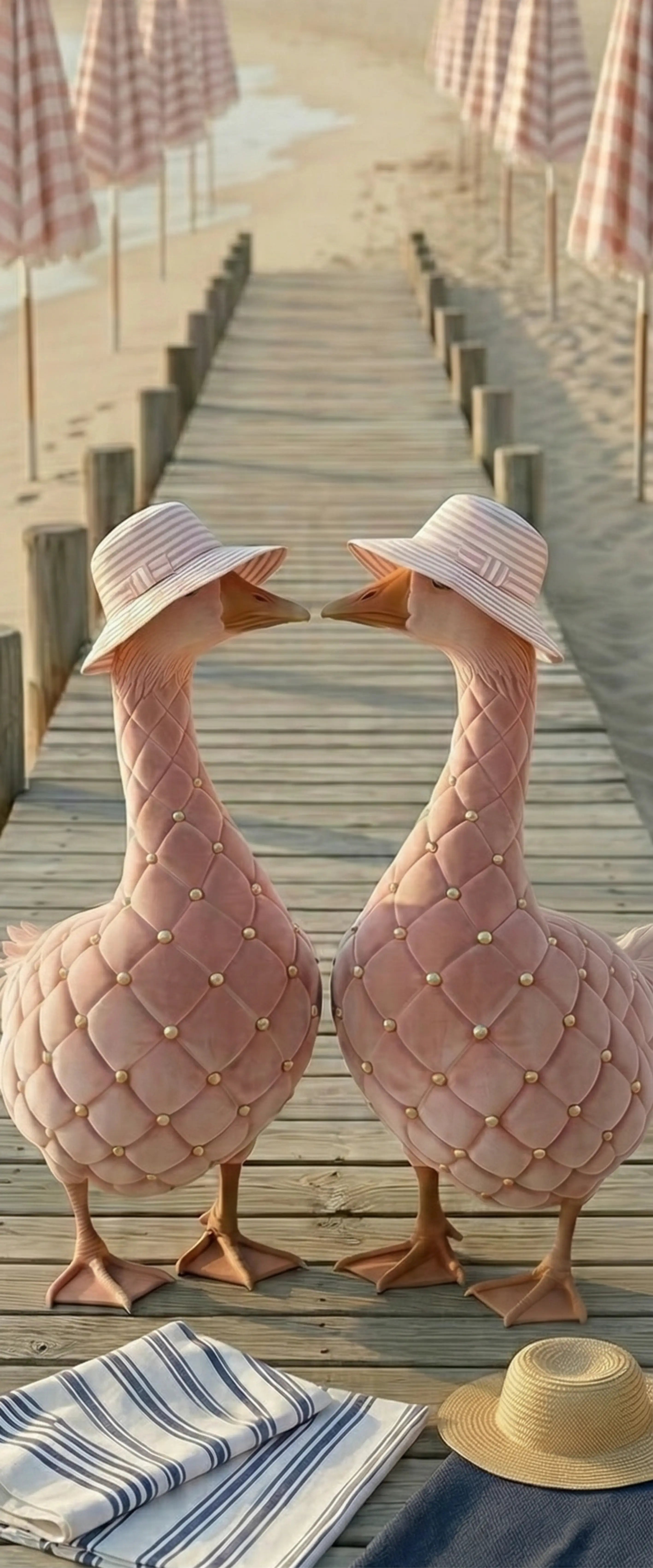 Banner décoratif Mesdames de velours - Deux oies décoratives rose poudré capitonné avec perles et chapeaux vichy, ponton bois, parasols rayés rose, serviette marinière, ambiance bord de mer chic