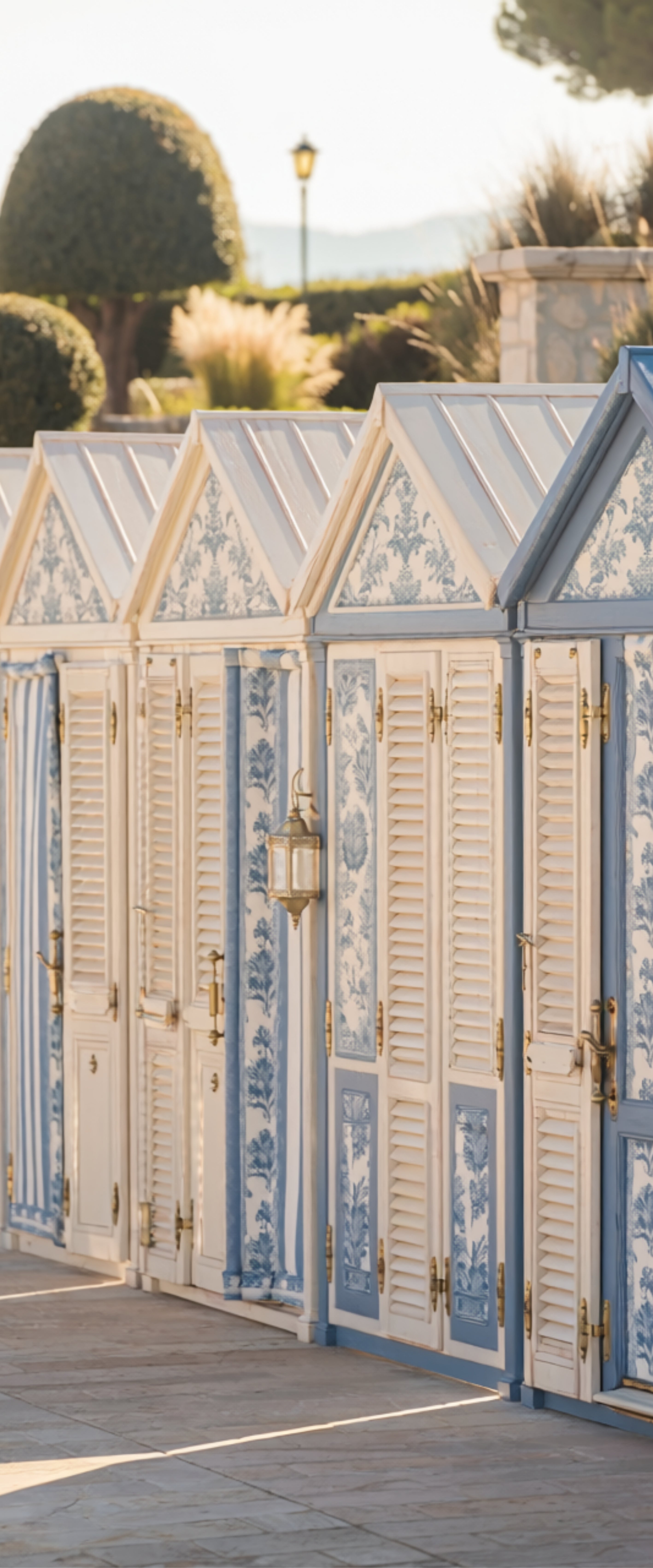 Banner décoratif Cabines de bain - Cabines de plage blanches et bleues avec volets persiennes, toits ajourés et jardin méditerranéen, ambiance Côte d'Azur