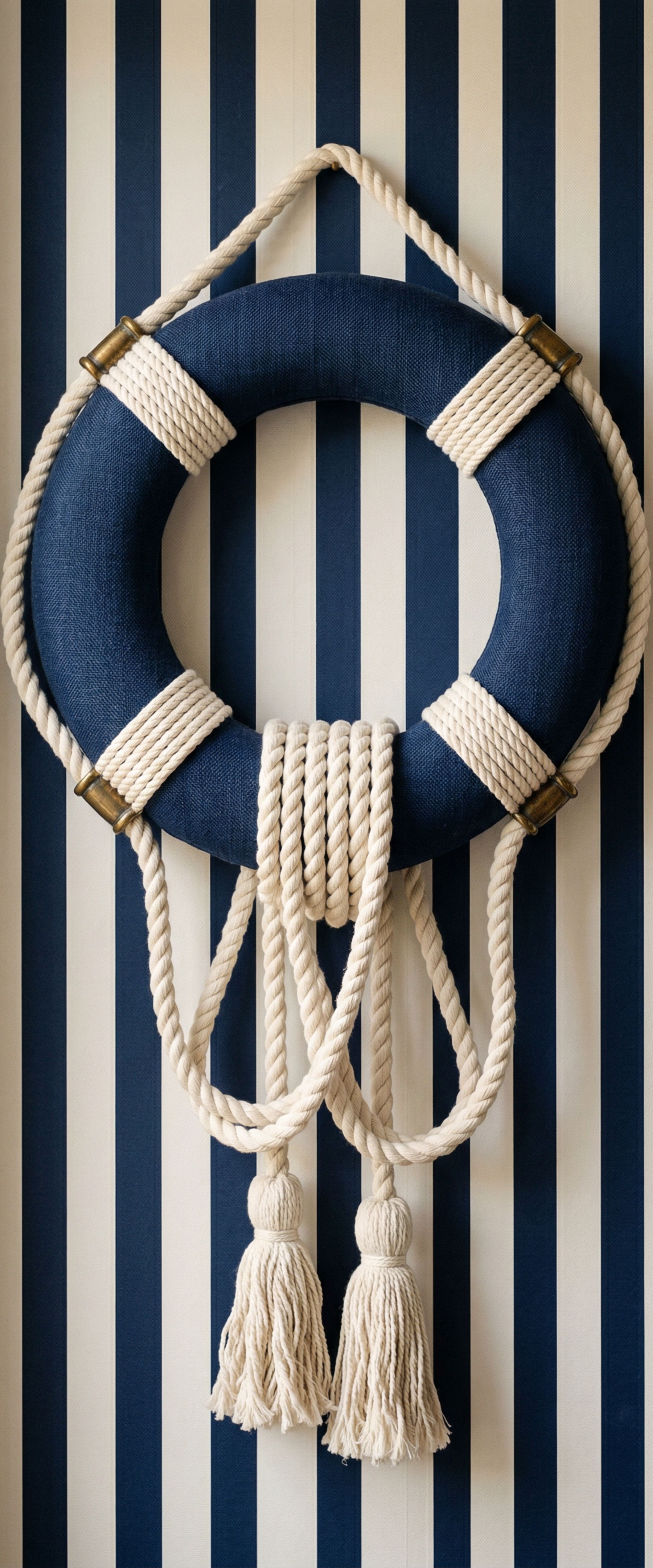 Banner décoratif L'escale - Bouée de sauvetage bleu marine avec cordages naturels et pompons macramé sur mur en papier peint rayé bleu marine et blanc, ambiance nautique épurée