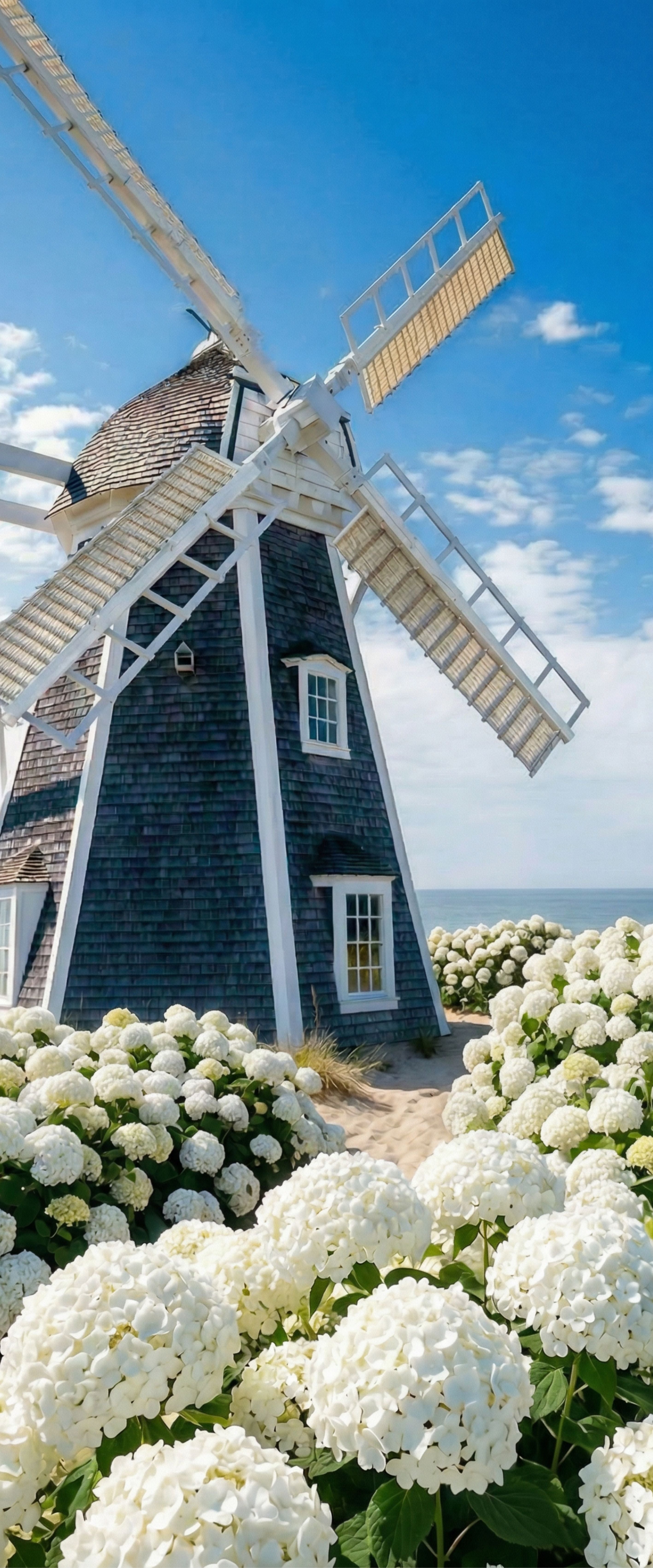 Banner décoratif Moulins des dunes - Moulin à vent en bardeaux bleu marine avec ailes blanches, fleurs d'hortensias blancs, sable fin, ambiance Hamptons