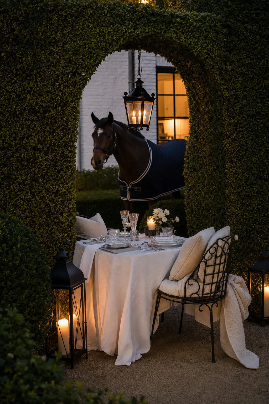 Décoration équestre haut de gamme — cheval dans un jardin flamand illuminé aux chandelles, ambiance sellerie et cavalerie