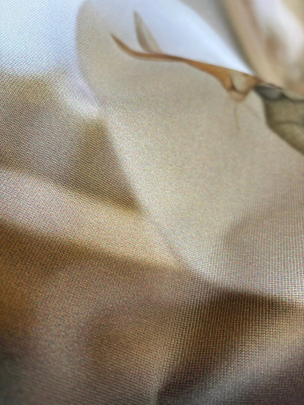 Gros plan sur tissu beige doré à texture fine pour bannières décoratives Vitrines Fanchon, avec fleur de coton naturelle — matière premium aux reflets chauds et lumineux