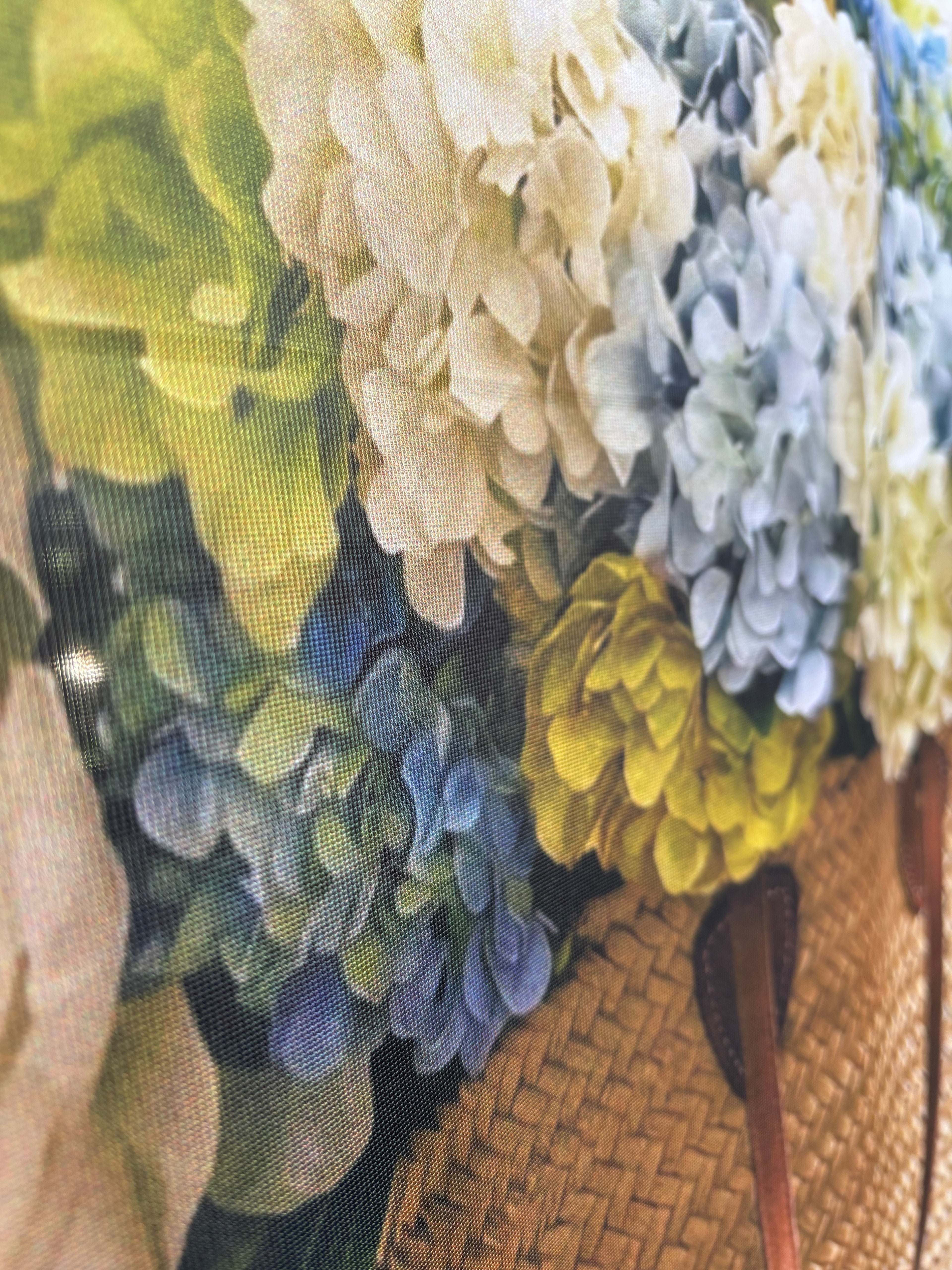 Banner décoratif Bouquet d'hortensias 75x180cm – hortensias bleus blancs jaunes chapeau paille décoration vitrine