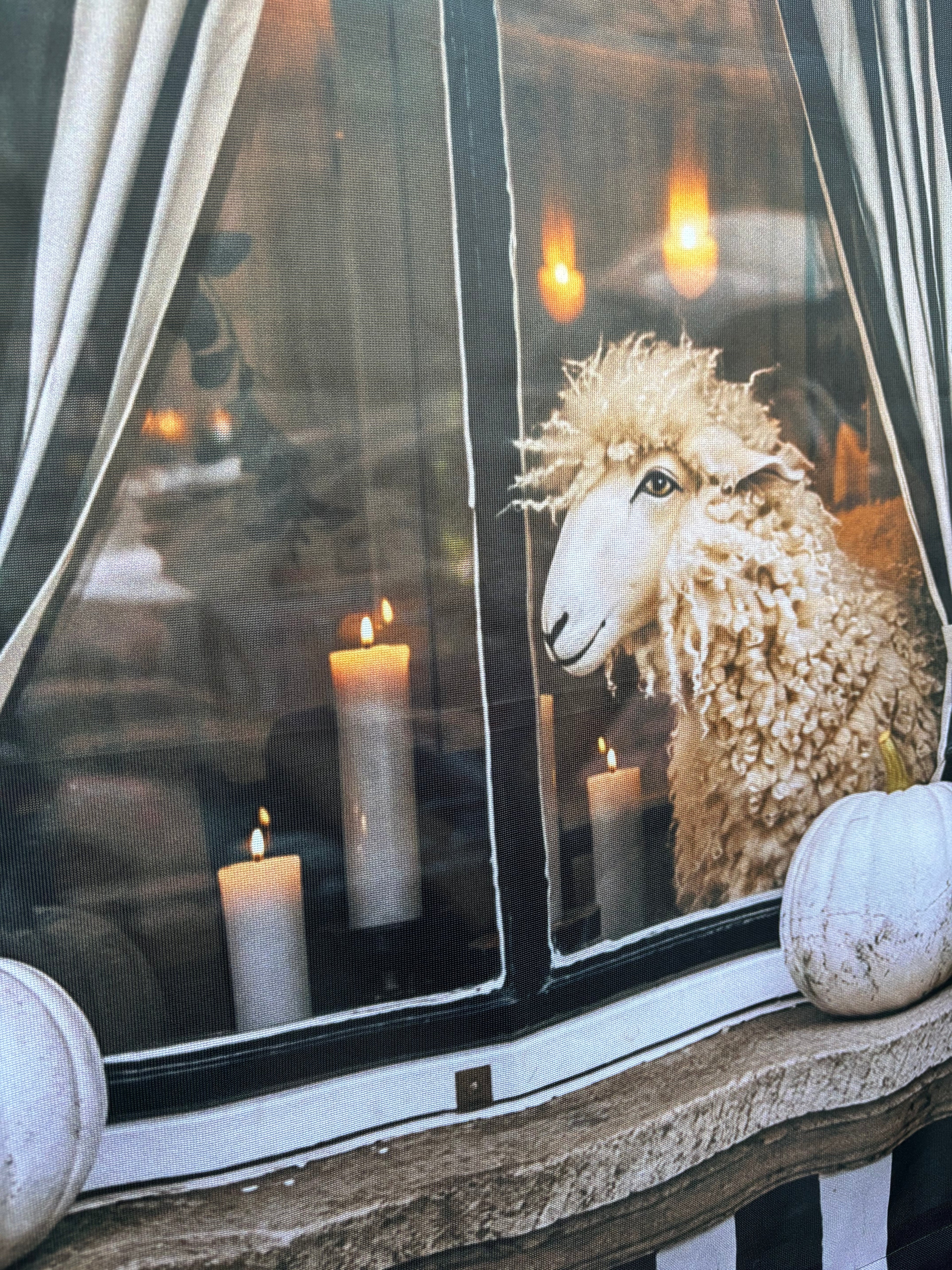 Banner décoratif Cocon de laine 75x180cm – mouton bougies citrouille fenêtre ambiance cosy décoration vitrine
