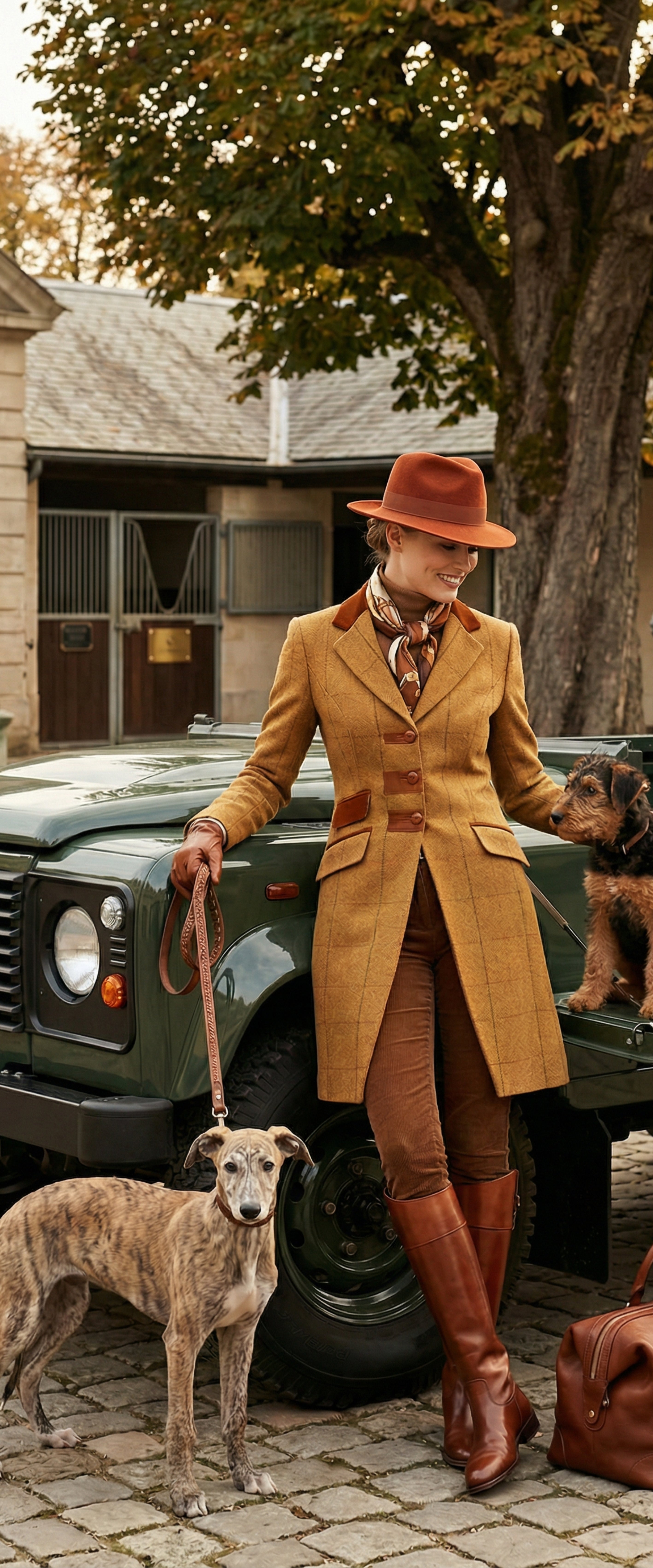 Banner décoratif British cavalerie - Femme en tenue équestre moutarde avec lévrier bringé devant Land Rover Defender vert, ambiance aristocratique britannique