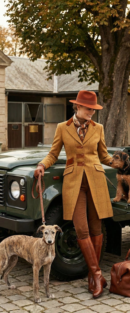 Banner décoratif British cavalerie - Femme en tenue équestre moutarde avec lévrier bringé devant Land Rover Defender vert, ambiance aristocratique britannique