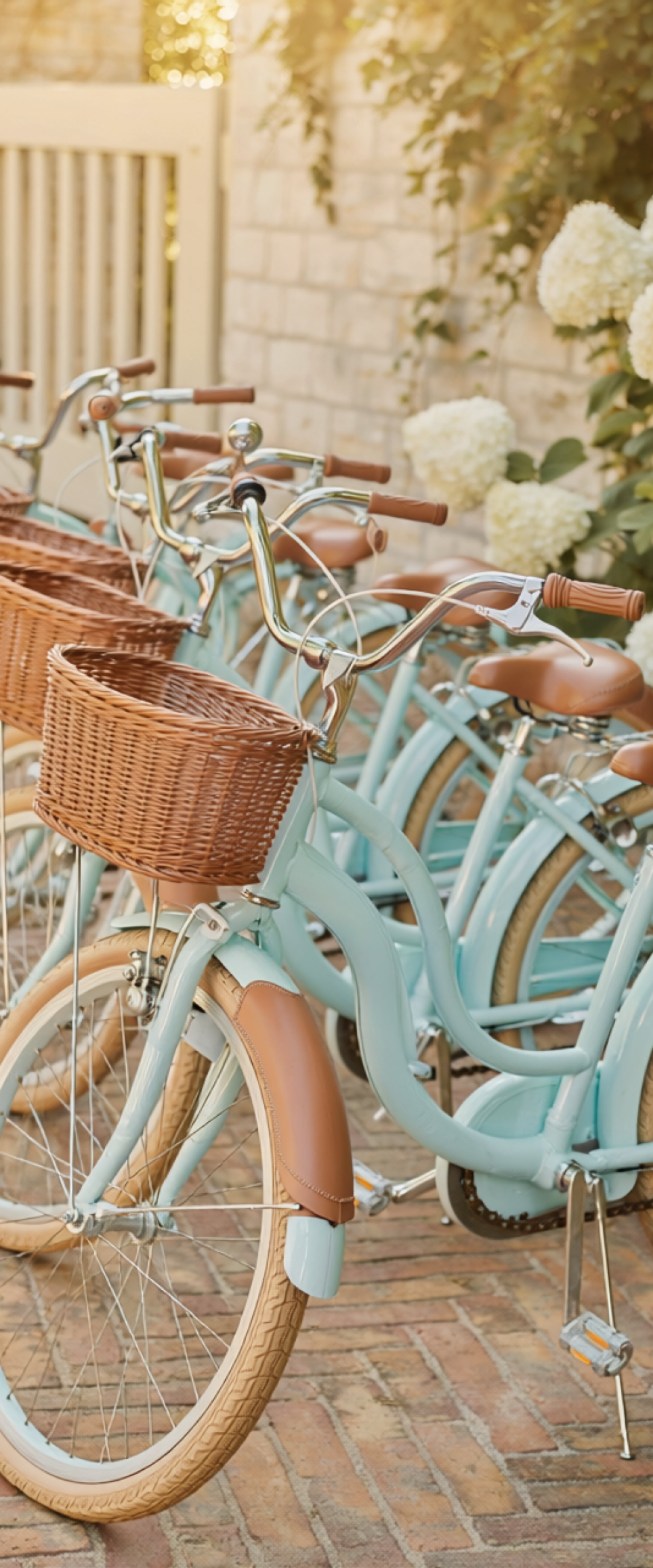 Banner décoratif Balade estivale - Vélos vintage bleu pastel avec paniers en osier et roses blanches sur allée pavée, ambiance romantique
