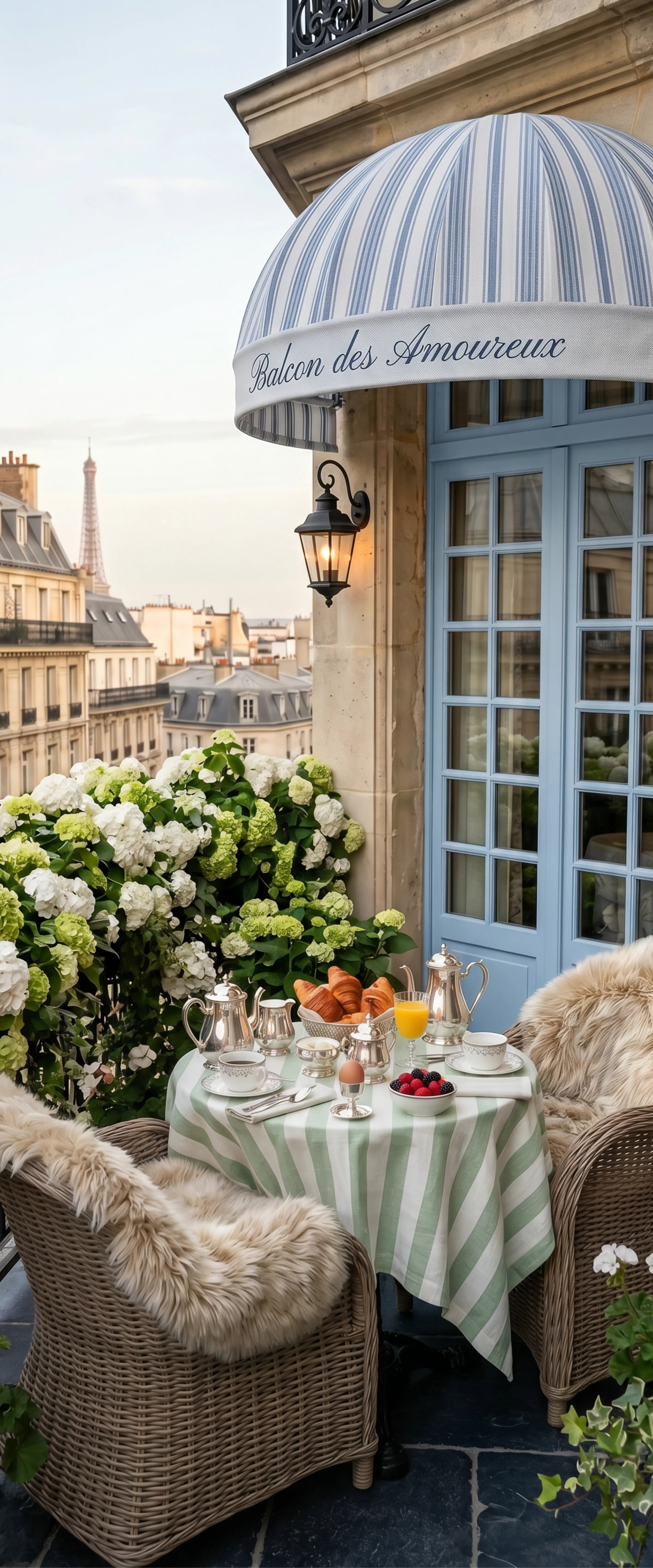 Banner décoratif Balcon des amoureux - Balcon parisien haussmannien avec petit-déjeuner croissant cappuccino, hortensias blancs et vue sur Paris