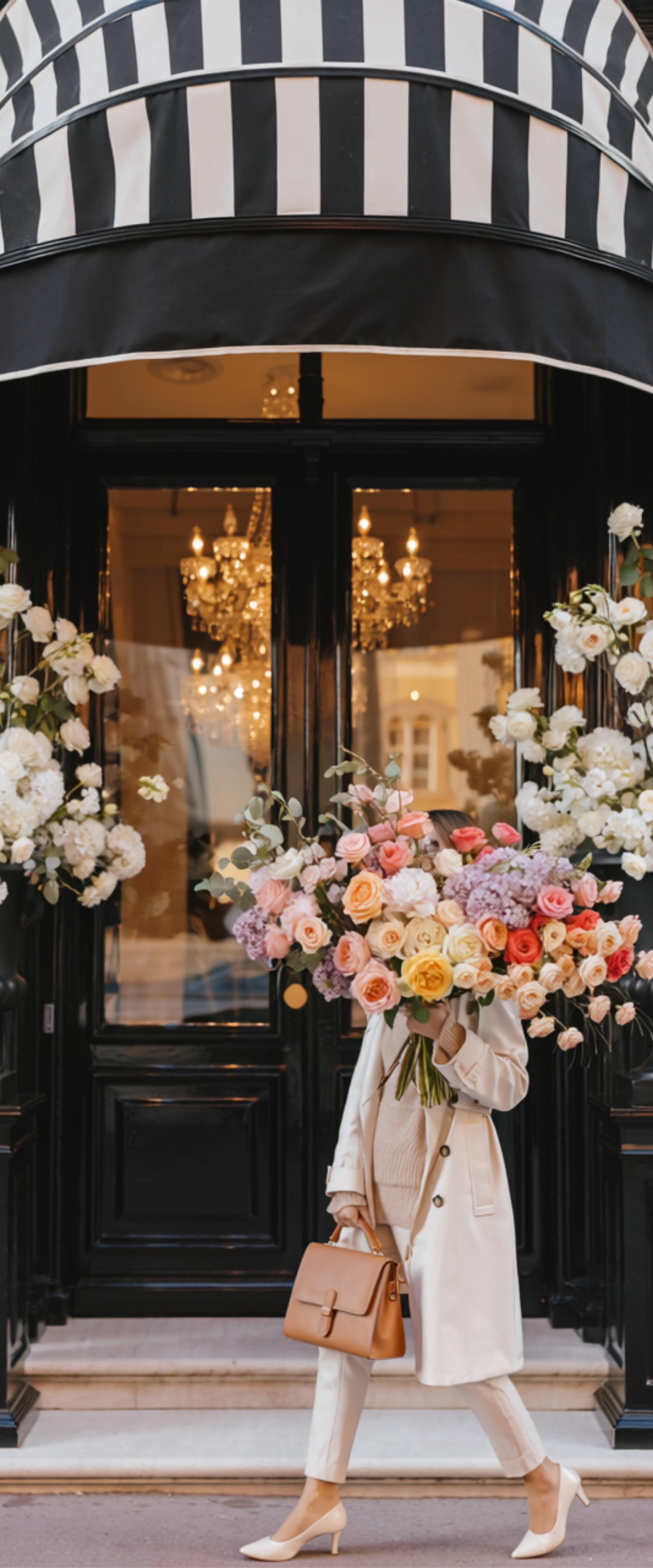 Banner décoratif Blooming street - Femme élégante en trench beige avec énorme bouquet multicolore devant boutique parisienne noire à auvent rayé