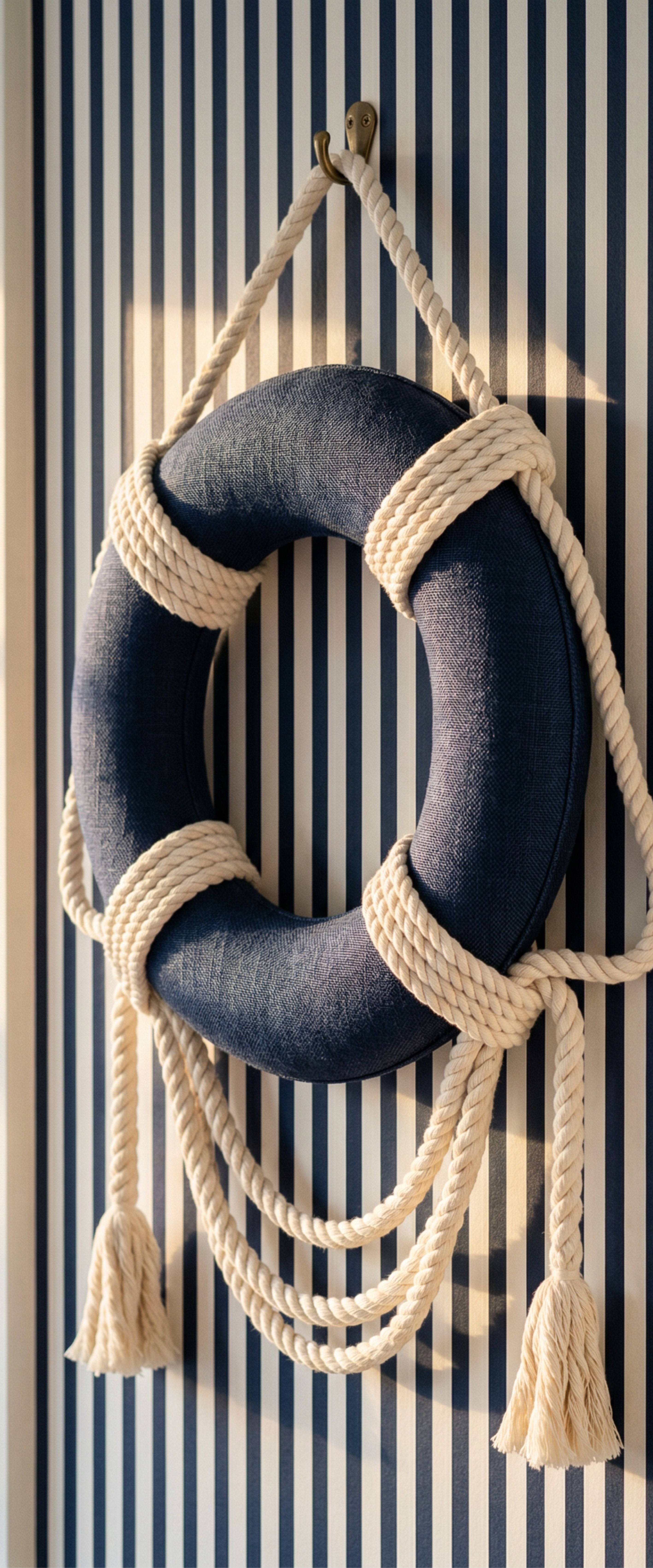 Banner décoratif Bouée décorative - Bouée de sauvetage bleue marine avec cordes tressées et pompons, papier peint rayé bleu, ambiance marine