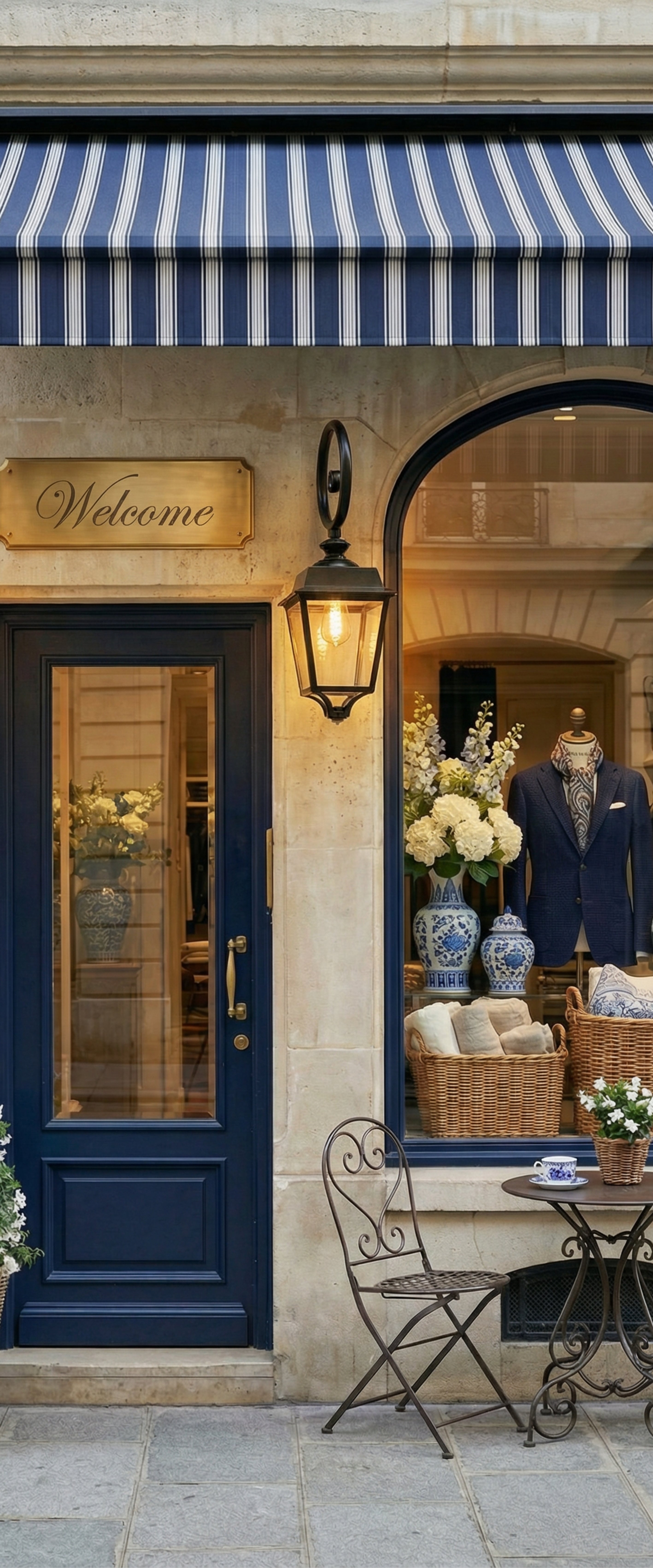 Banner décoratif Boutique chic - Façade boutique parisienne avec porte bleu marine, store rayé, vitrine élégante avec costume et pivoines blanches, ambiance luxe
