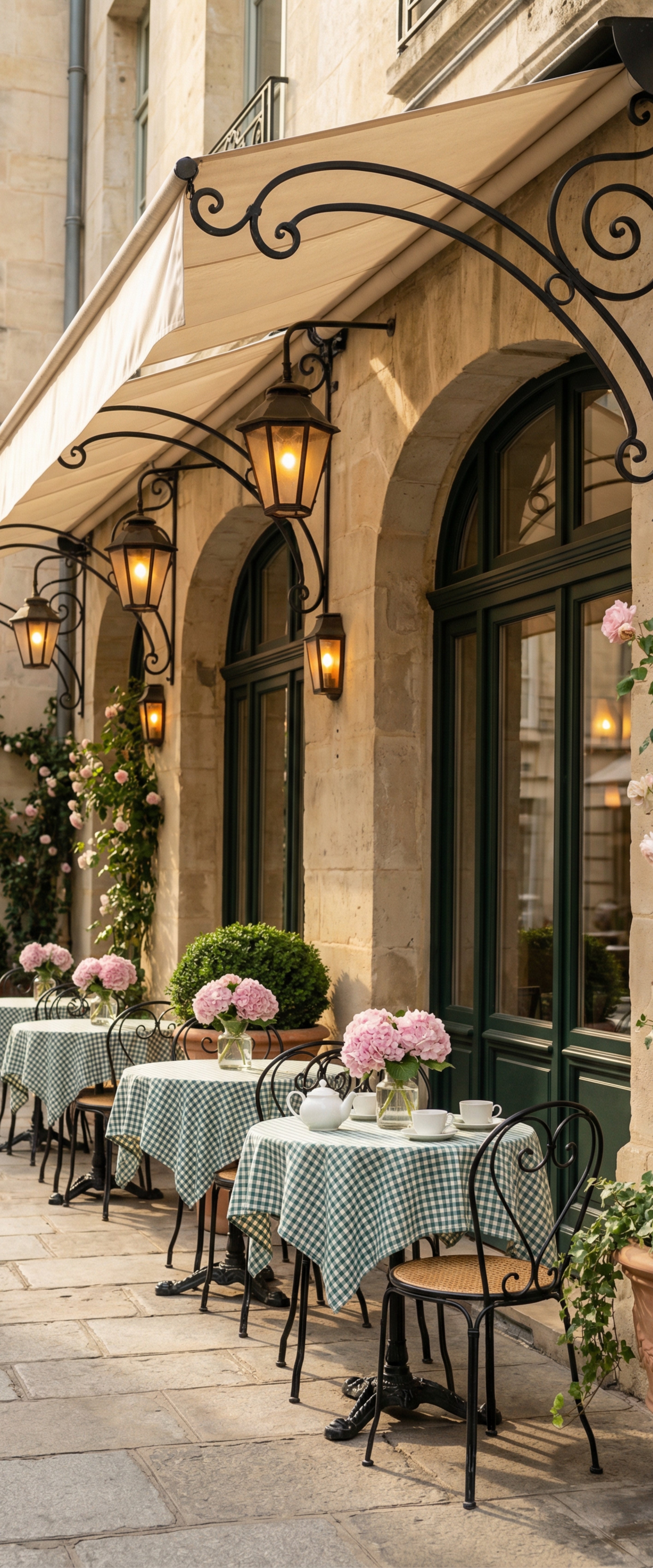 Banner décoratif Café chic - Terrasse parisienne avec lanternes en fer forgé, tables vichy vert et pivoines roses, ambiance café romantique