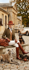 Banner décoratif Cavalière & dogs - Femme élégante tenue équestre tweed, chapeau feutre, bottes cuir, lévrier et teckel, voiture vintage, château, ambiance aristocratique