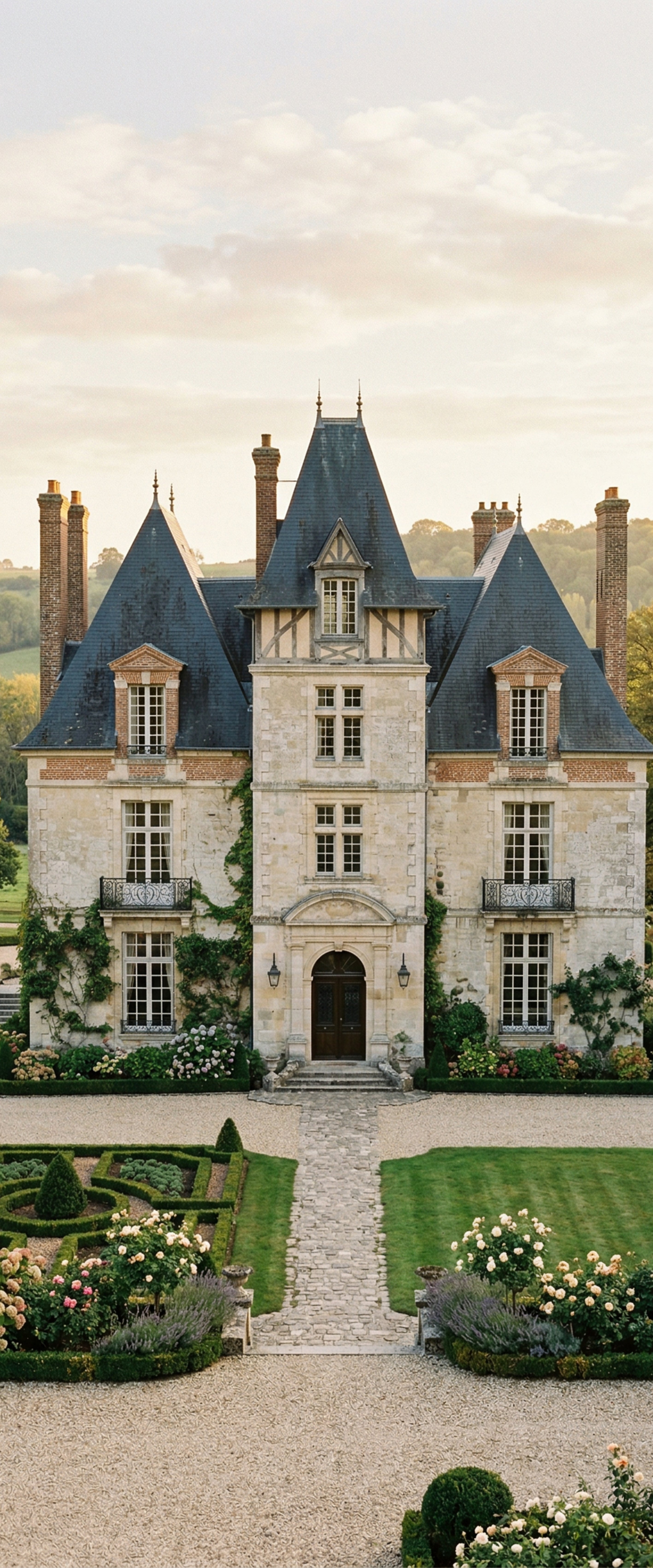 Banner décoratif Chateau - Château français en pierre avec toits en ardoise bleu-gris, jardin à la française avec topiaires et rosiers blancs