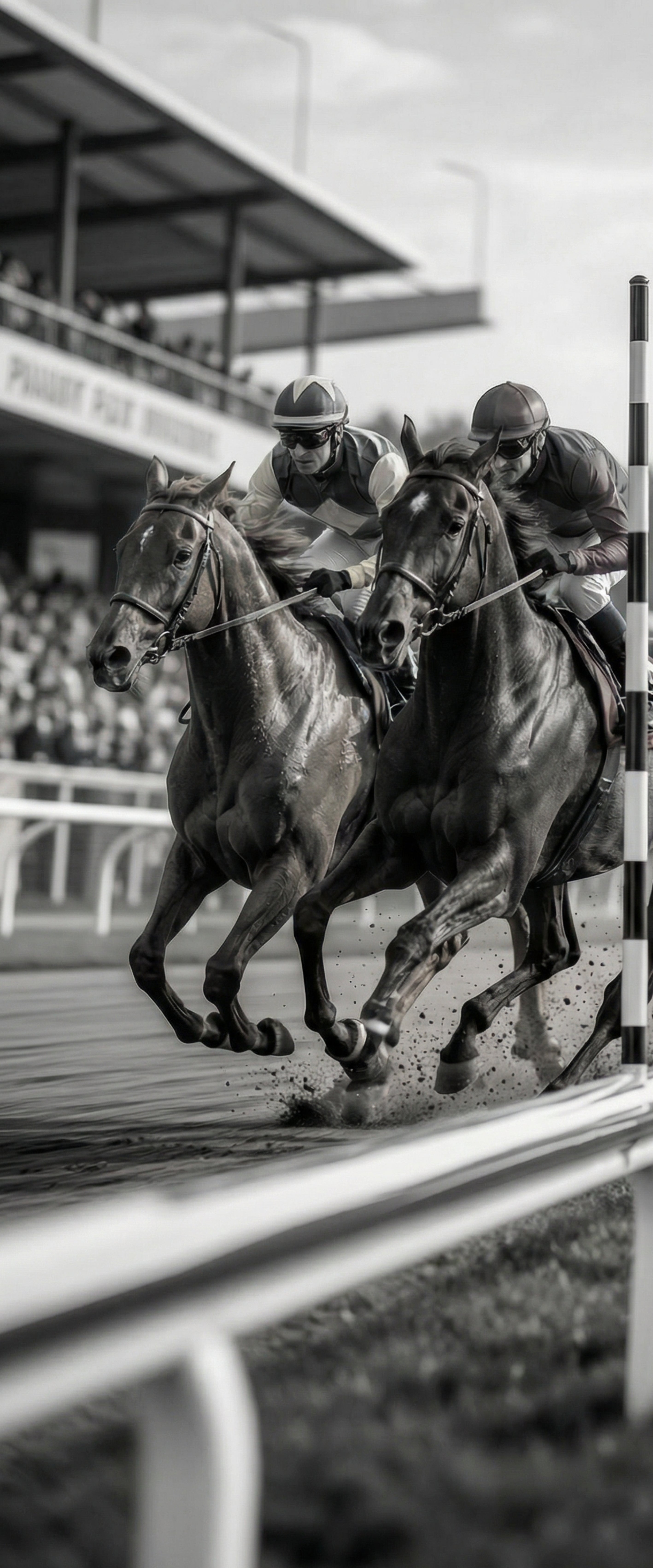 Banner décoratif Course hippique - Deux jockeys au galop sur hippodrome, photo noir et blanc dynamique, ambiance course de chevaux élégante