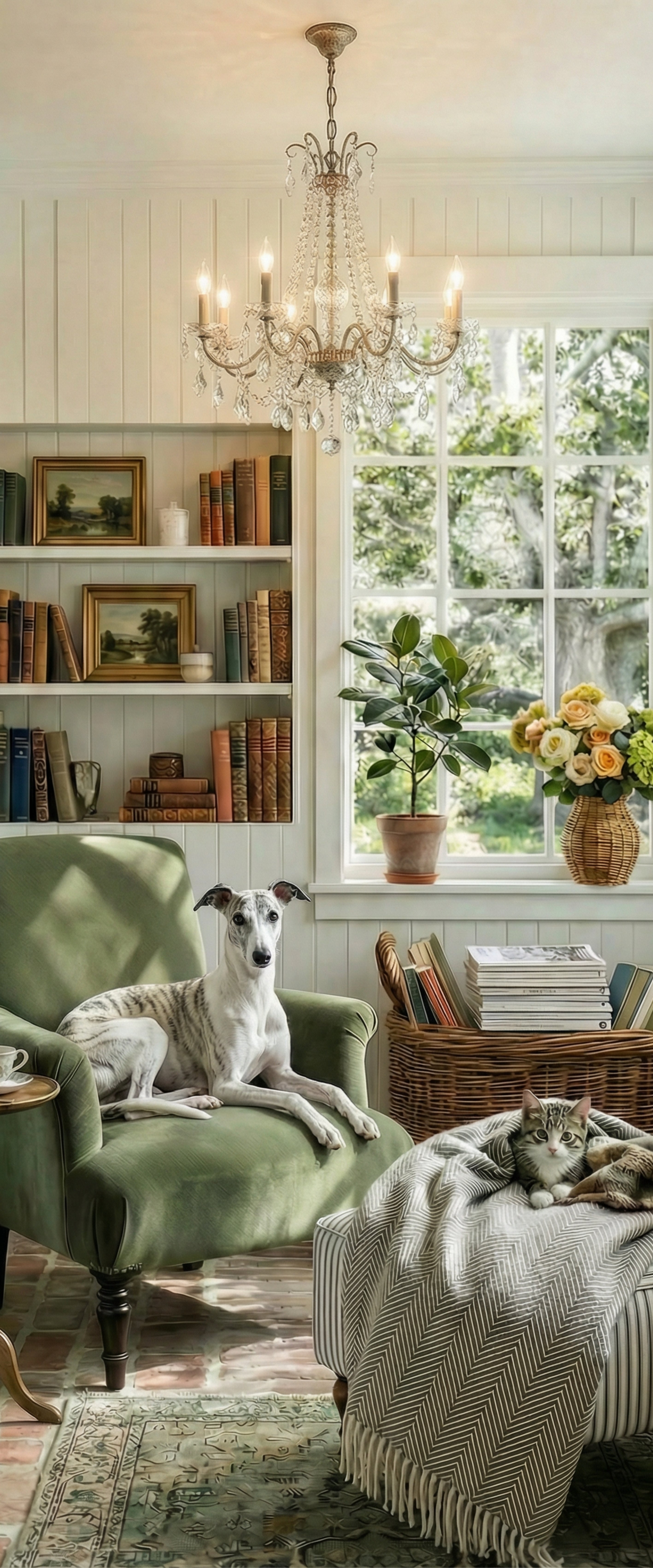 Banner décoratif Dog home - Salon cottage avec lévrier sur fauteuil velours vert, chaton sur pouf rayé, bibliothèque blanche, lustre cristal, roses jaunes, ambiance cosy