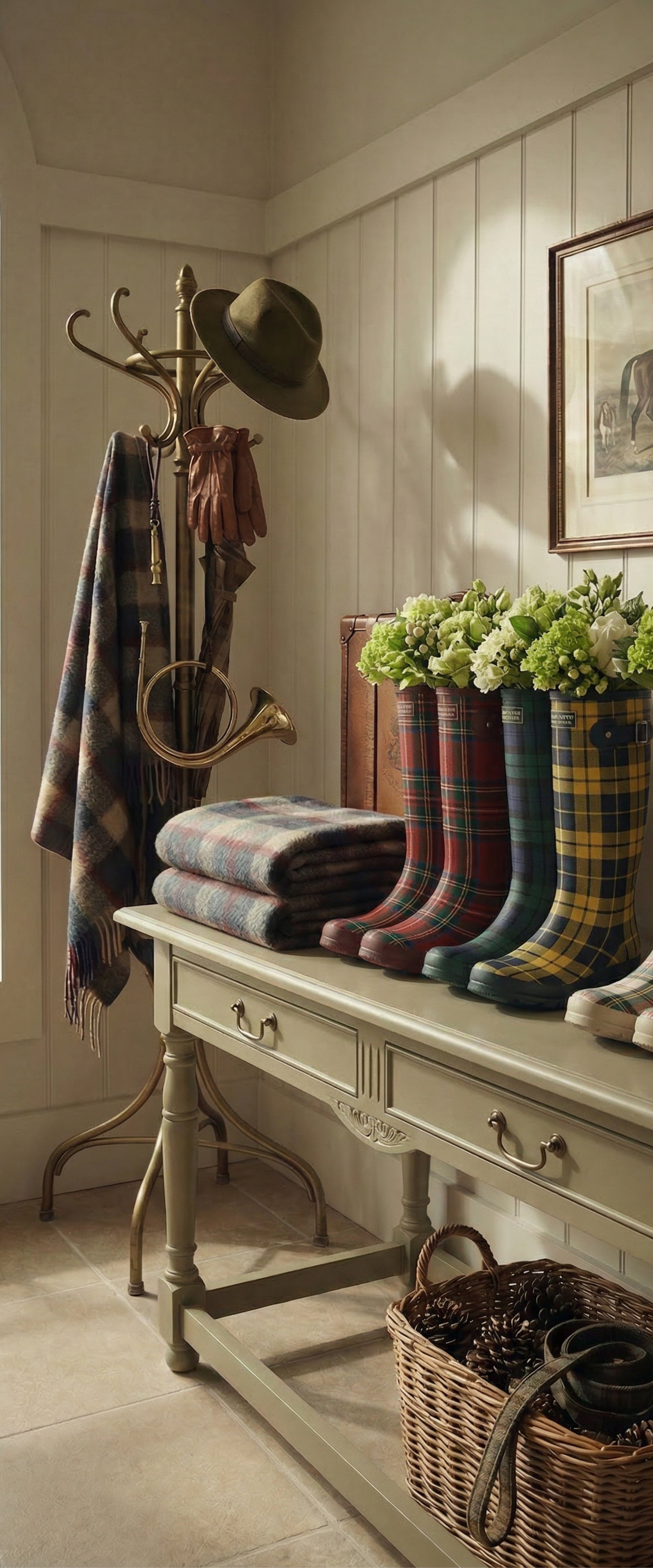 Banner décoratif Hall cottage - Entrée cottage avec console blanche, bottes Hunter tartan, porte-manteau laiton, cor de chasse, plaids écossais, hortensias, ambiance cosy