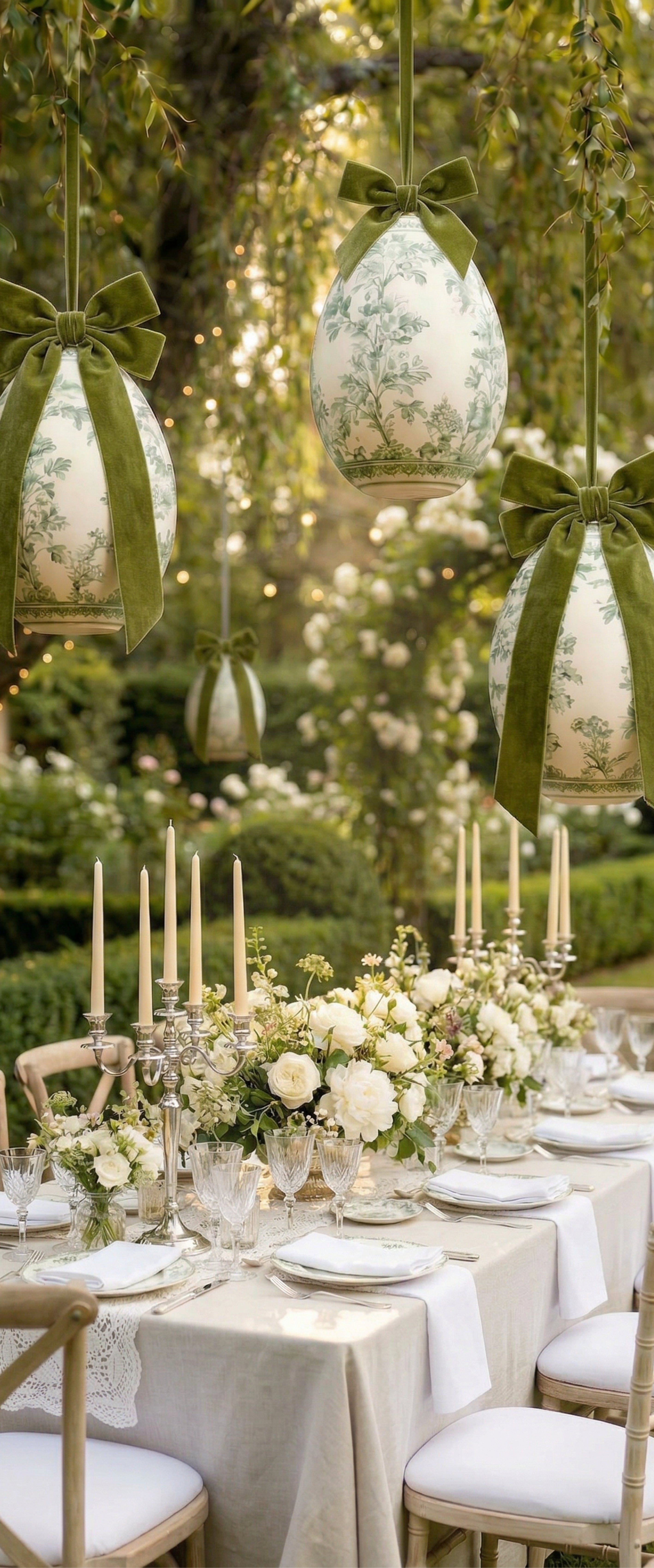 Banner décoratif Jardin champêtre - Table réception jardin avec œufs Toile de Jouy suspendus, chandeliers cristal, roses blanches, nappe lin, ambiance mariage champêtre