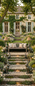 Banner décoratif La bastide - Maison provençale en pierre avec volets gris, jardin à la française, statues lapins, roses blanches, banc bois, ambiance romantique