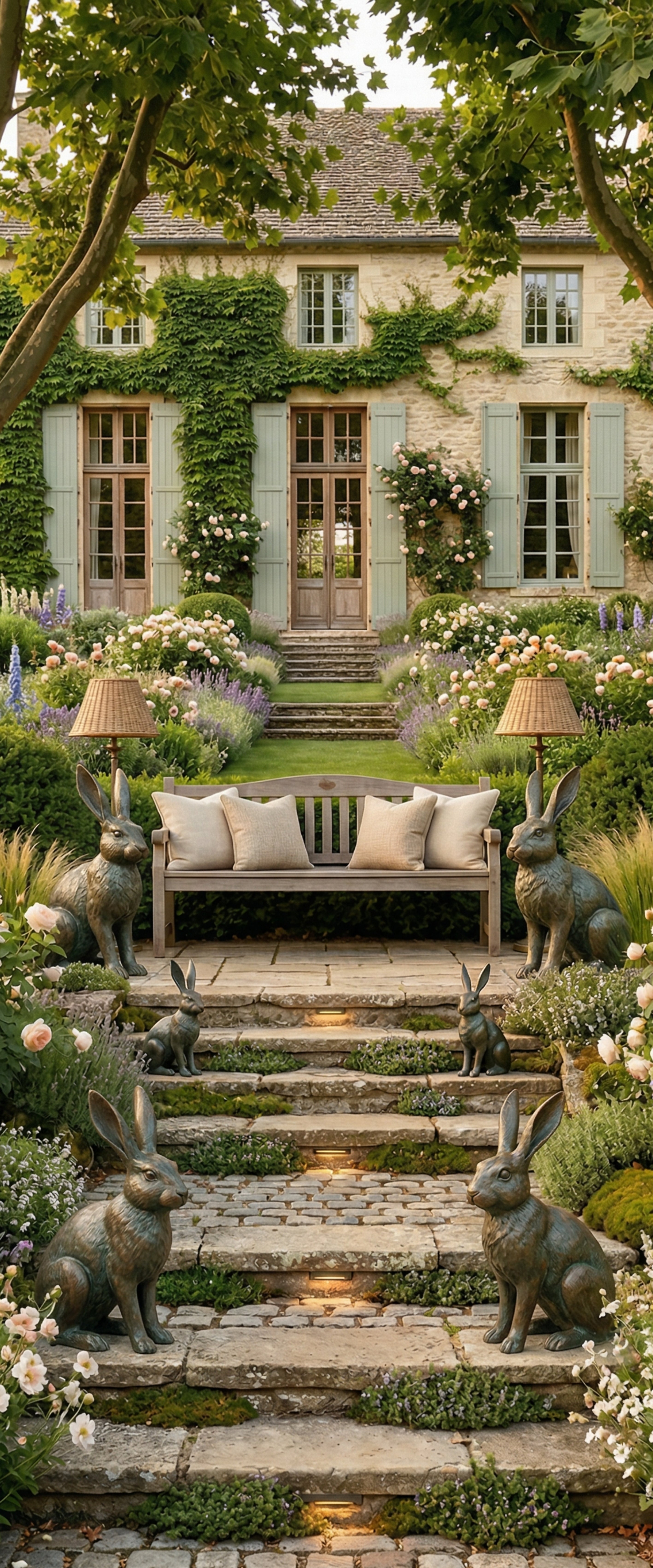 Banner décoratif La bastide - Maison provençale en pierre avec volets gris, jardin à la française, statues lapins, roses blanches, banc bois, ambiance romantique