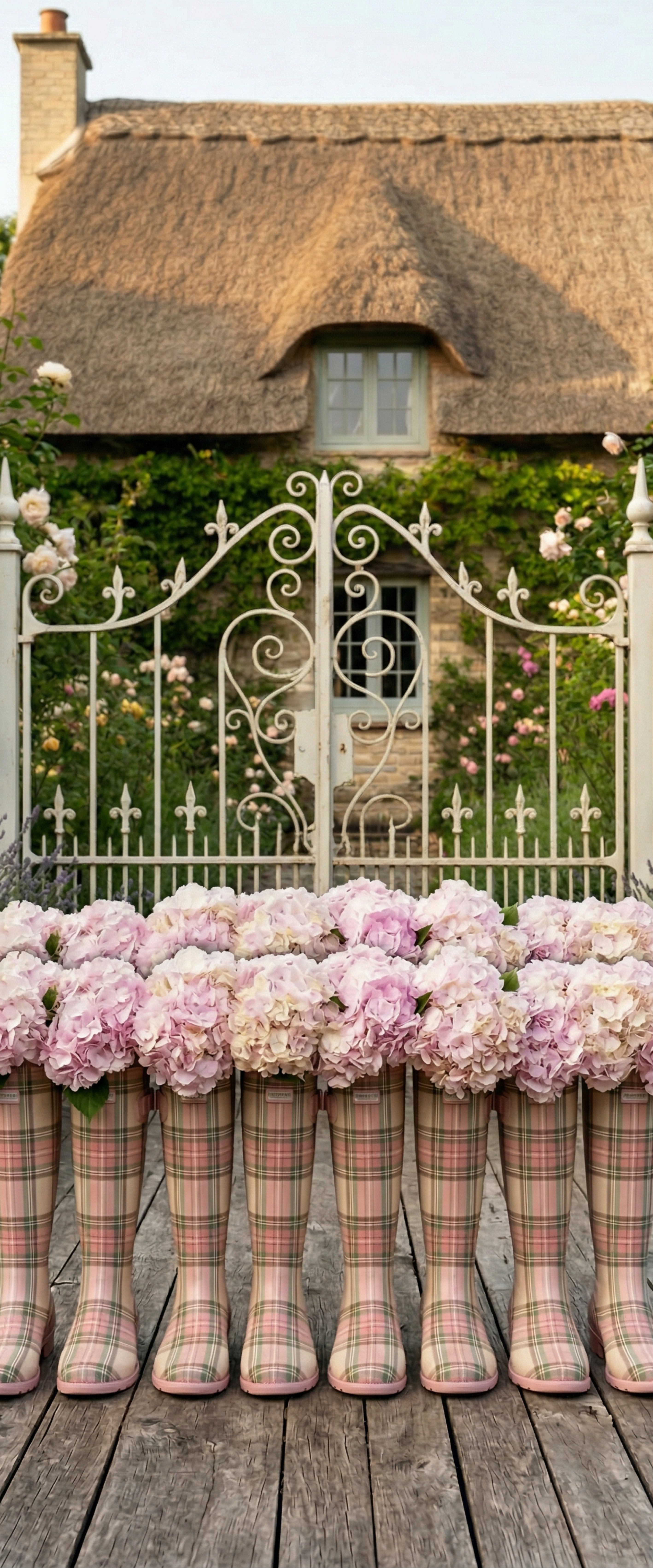 Banner décoratif Les bottes - Bottes en caoutchouc tartan rose remplies d'hortensias roses et blancs devant chaumière anglaise avec portail blanc