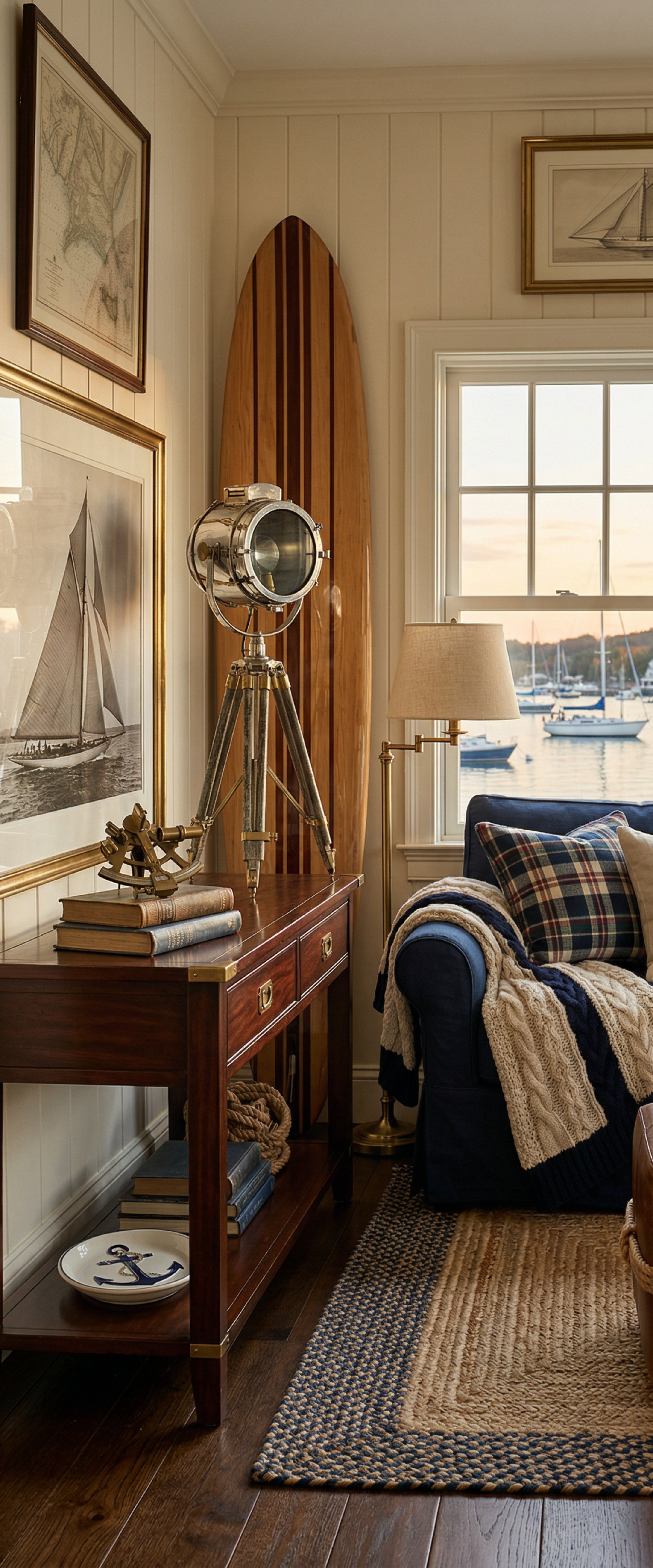 Banner décoratif Maison côtière - Intérieur cottage avec planche de surf vintage, projecteur marine en laiton, fauteuil bleu marine et vue sur port