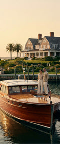 Banner décoratif Moment à deux - Couple élégant en tenue beige sur yacht classique en acajou devant villa Hamptons avec palmiers et ponton privé