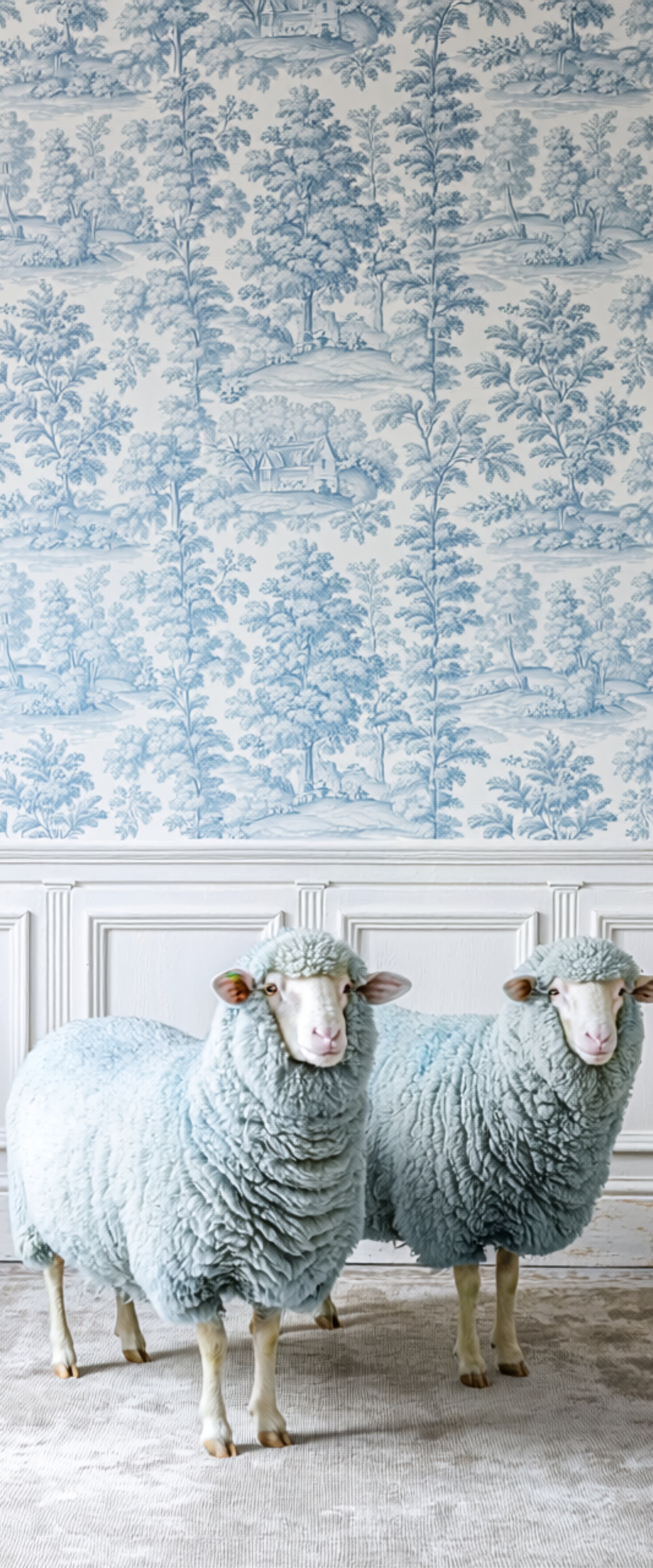 Banner décoratif Mouton bleu ciel - Deux moutons décoratifs bleu pastel, papier peint Toile de Jouy bleu scènes champêtres, boiseries blanches, ambiance cottage élégante