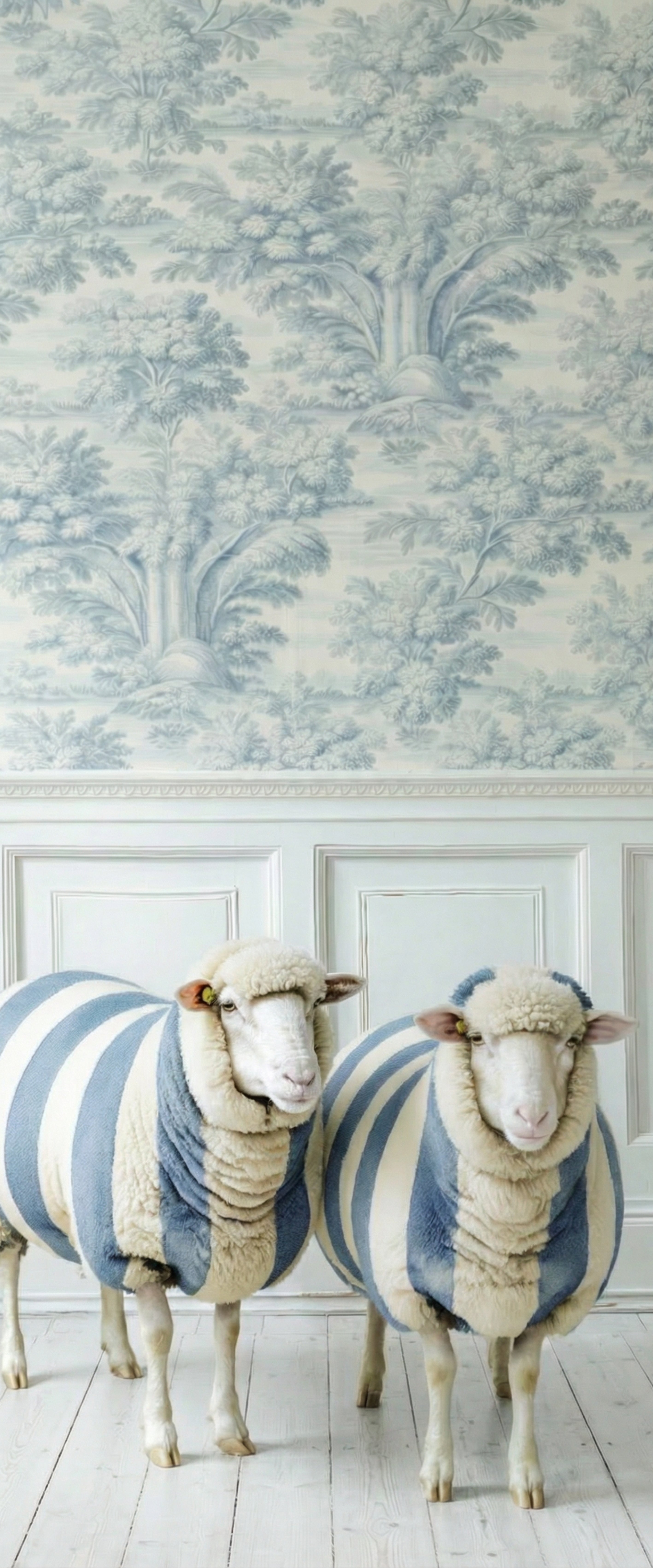 Banner décoratif Moutons rayés - Deux moutons décoratifs avec manteaux rayés bleu et blanc, papier peint Toile de Jouy bleu, boiseries blanches, ambiance cottage