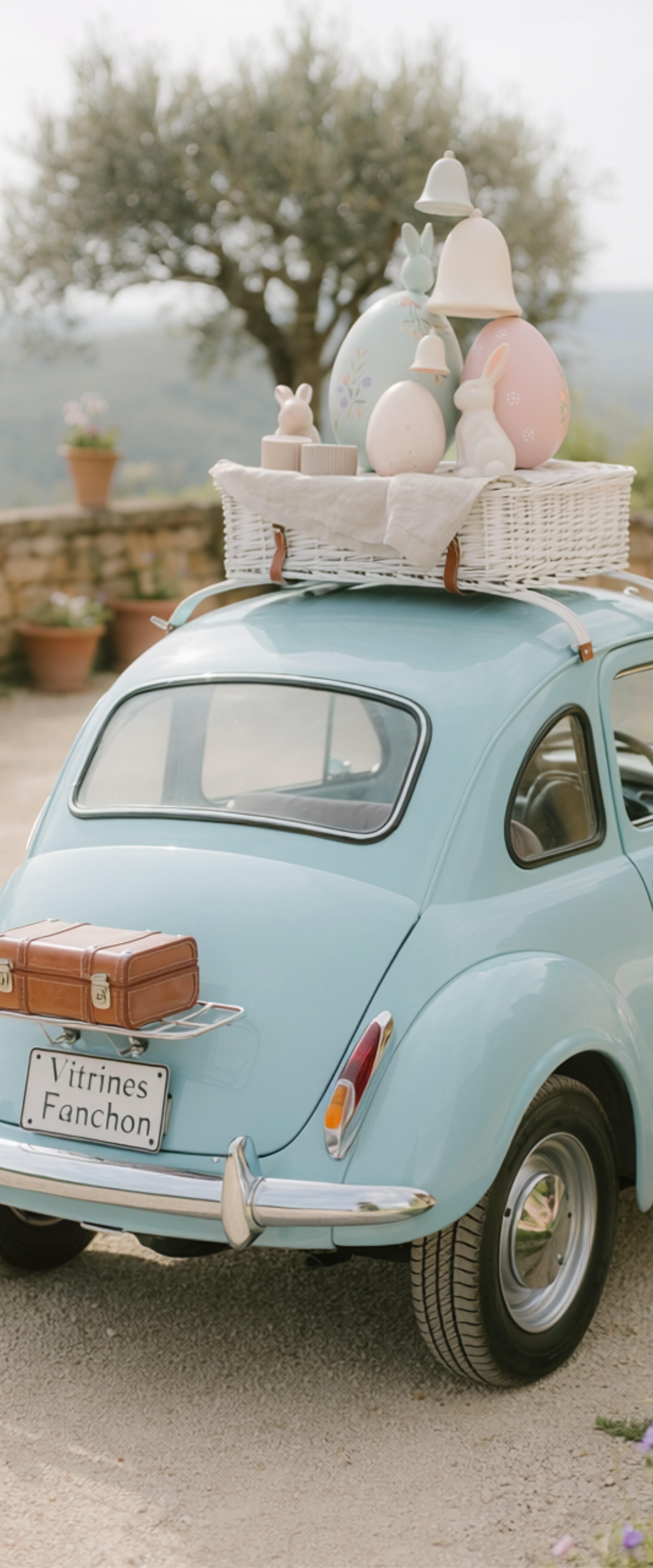 Banner décoratif On the road - Fiat 500 bleu pastel vintage avec plaque Vitrines Fanchon, panier osier sur toit avec oies décoratives, valise cuir, olivier, ambiance rétro