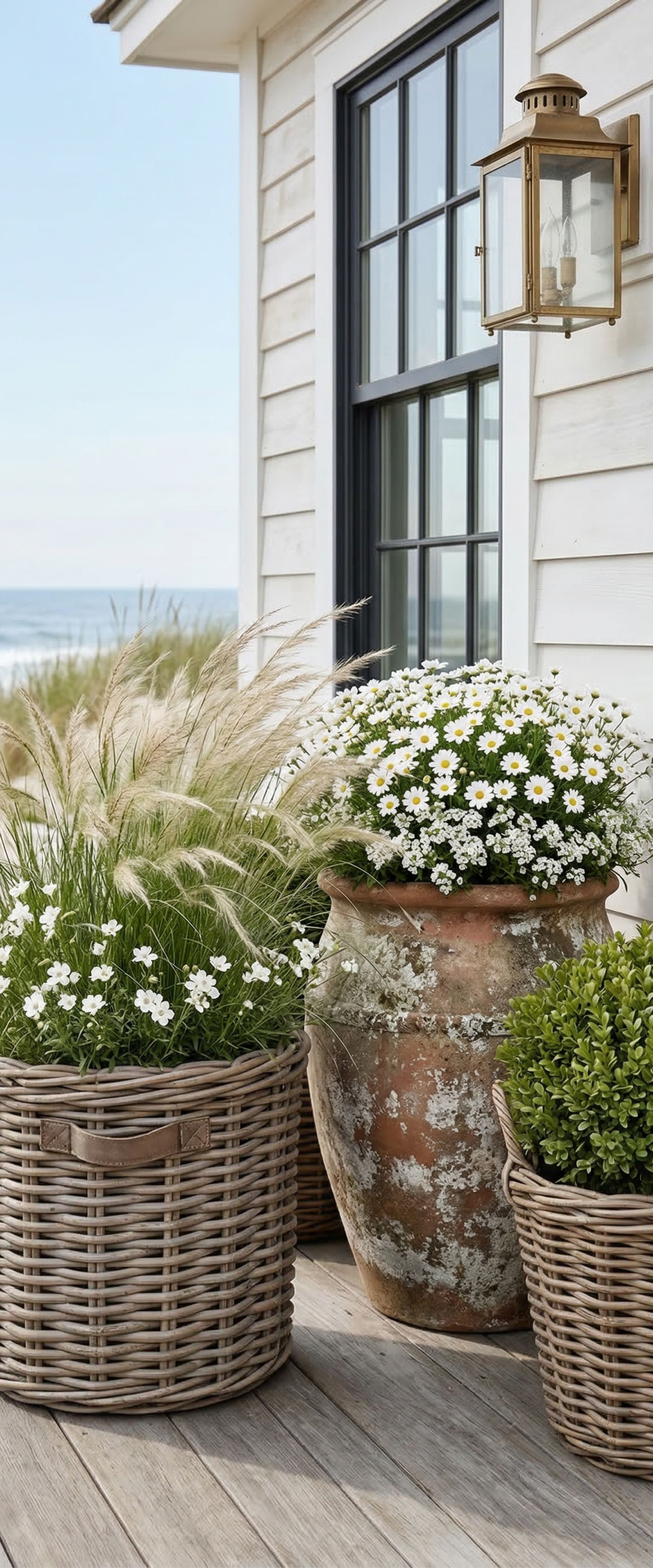 Banner décoratif Pavillon blanc - Pavillon blanc en bardeaux avec fenêtre noire, marguerites blanches et herbes de pampa, vue sur mer