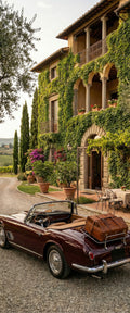 Banner décoratif Prestige - Villa toscane avec lierre, voiture décapotable vintage bordeaux avec valises en cuir, cyprès et vue sur campagne