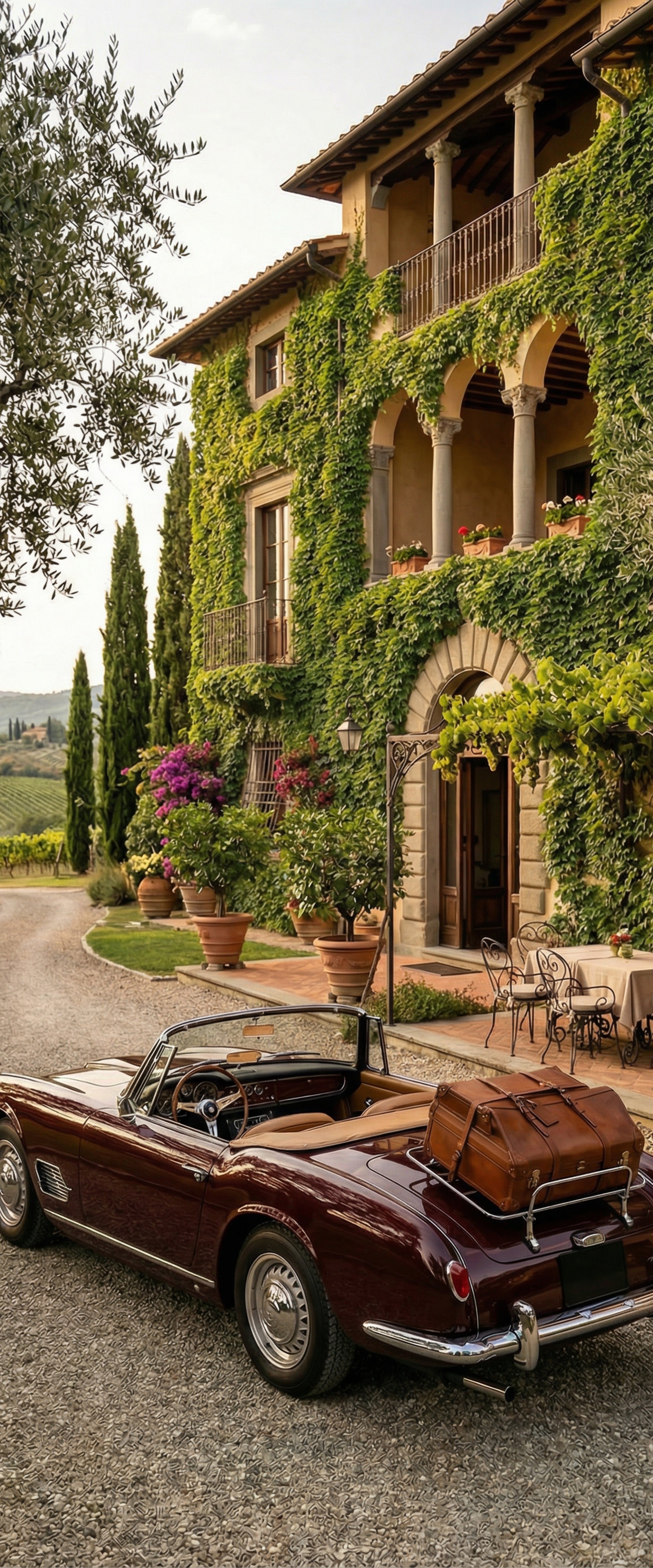 Banner décoratif Prestige - Villa toscane avec lierre, voiture décapotable vintage bordeaux avec valises en cuir, cyprès et vue sur campagne