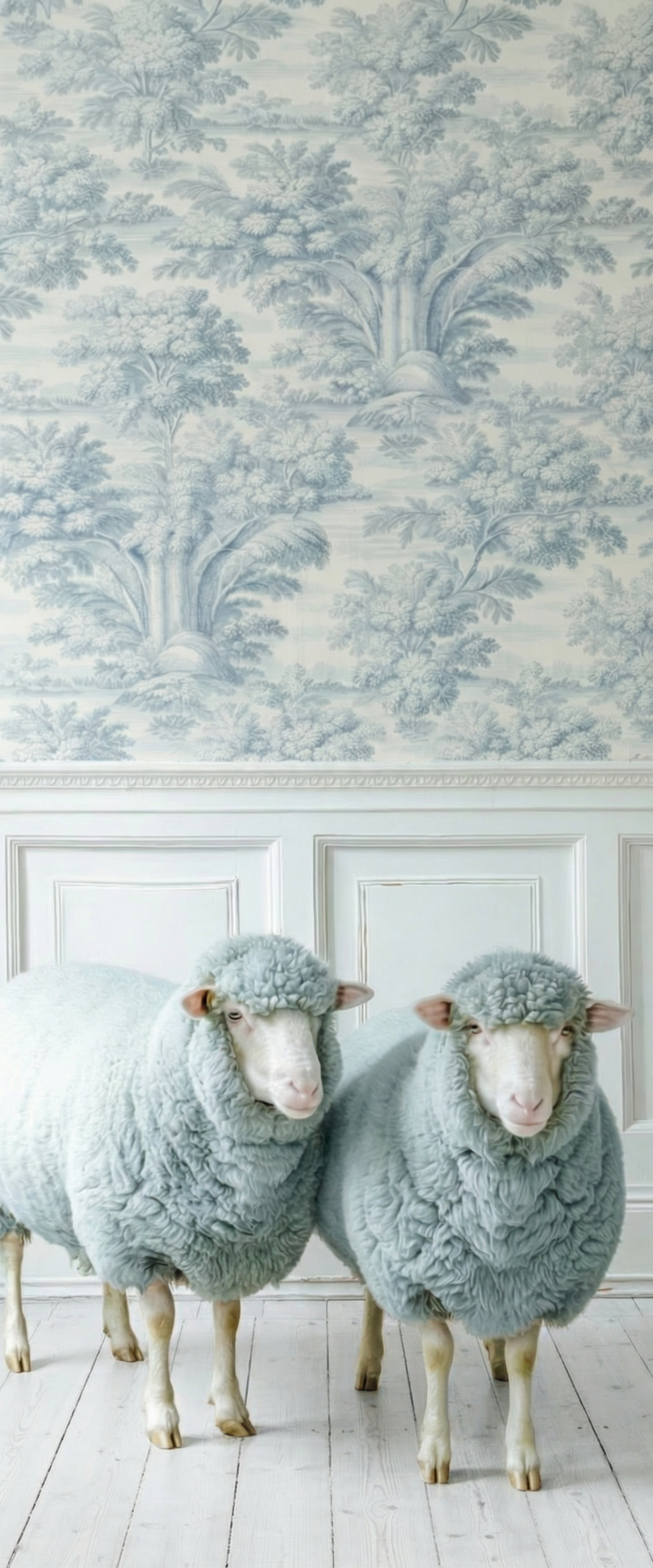 Banner décoratif Sheep home - Deux moutons décoratifs bleu pastel, papier peint Toile de Jouy bleu, boiseries blanches, parquet blanc, ambiance cottage poétique