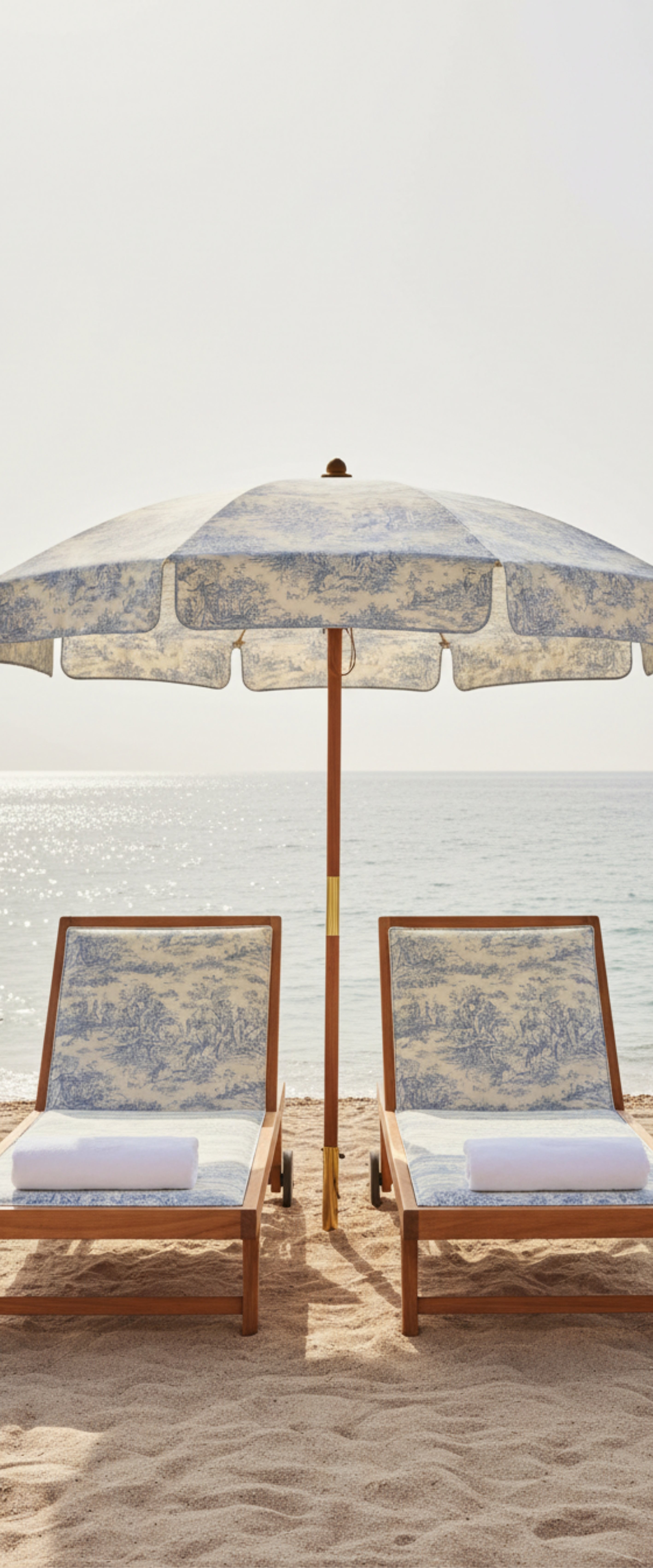Banner décoratif Transat pour deux - Deux transats en bois avec parasol motif toile de Jouy bleu et blanc sur plage de sable fin face à la mer