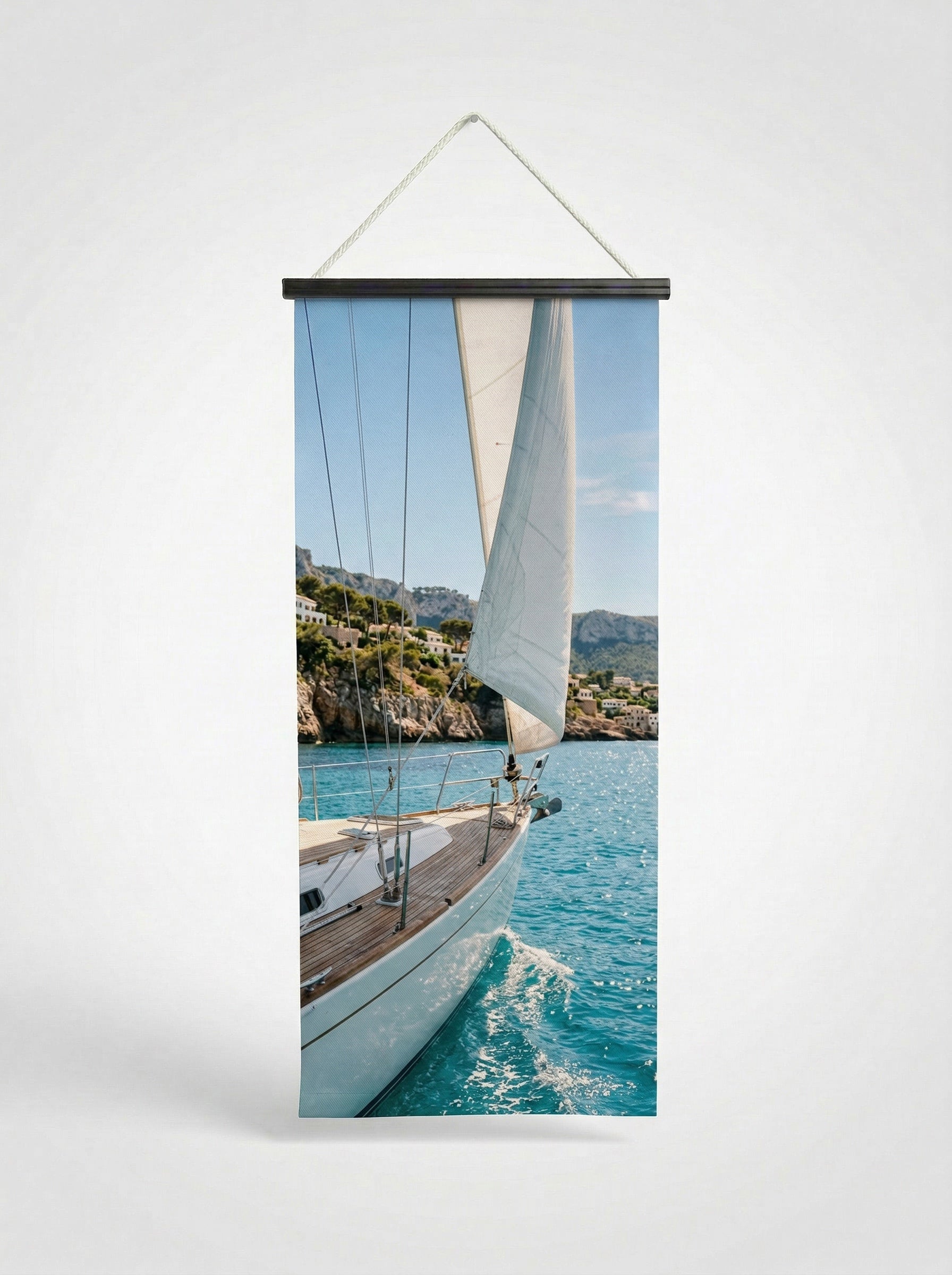 Banner Bleu azur 75x180cm - Vue complète avec fixation bois noir mat