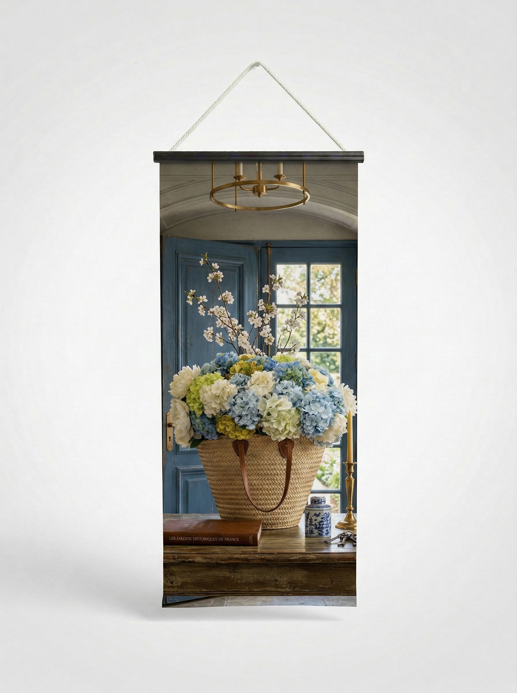 Banner Bouquet d'hortensias 75x180cm - Vue complète avec fixation bois noir mat