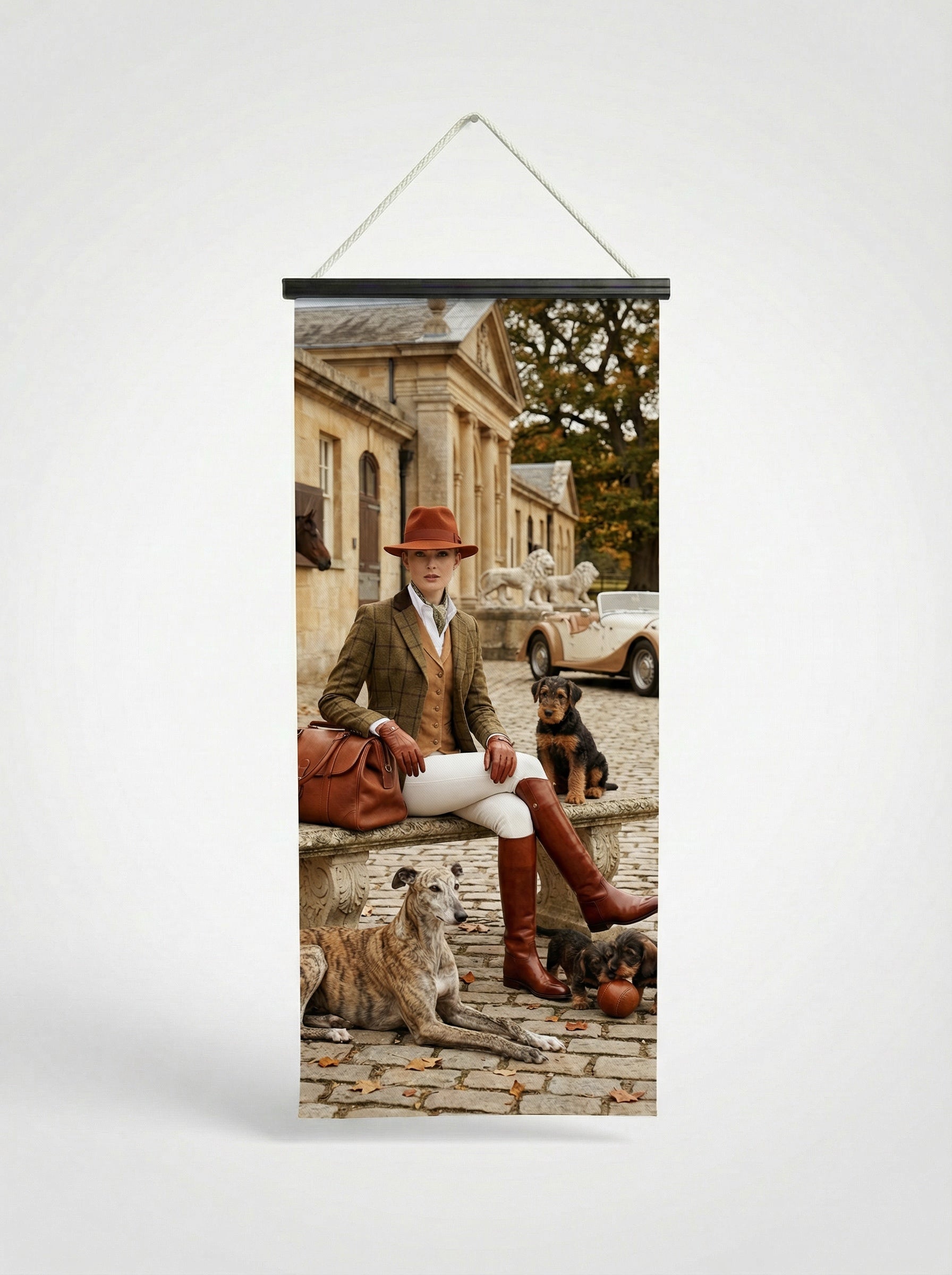 Banner Cavalière & dogs 75x180cm - Vue complète avec fixation bois noir mat