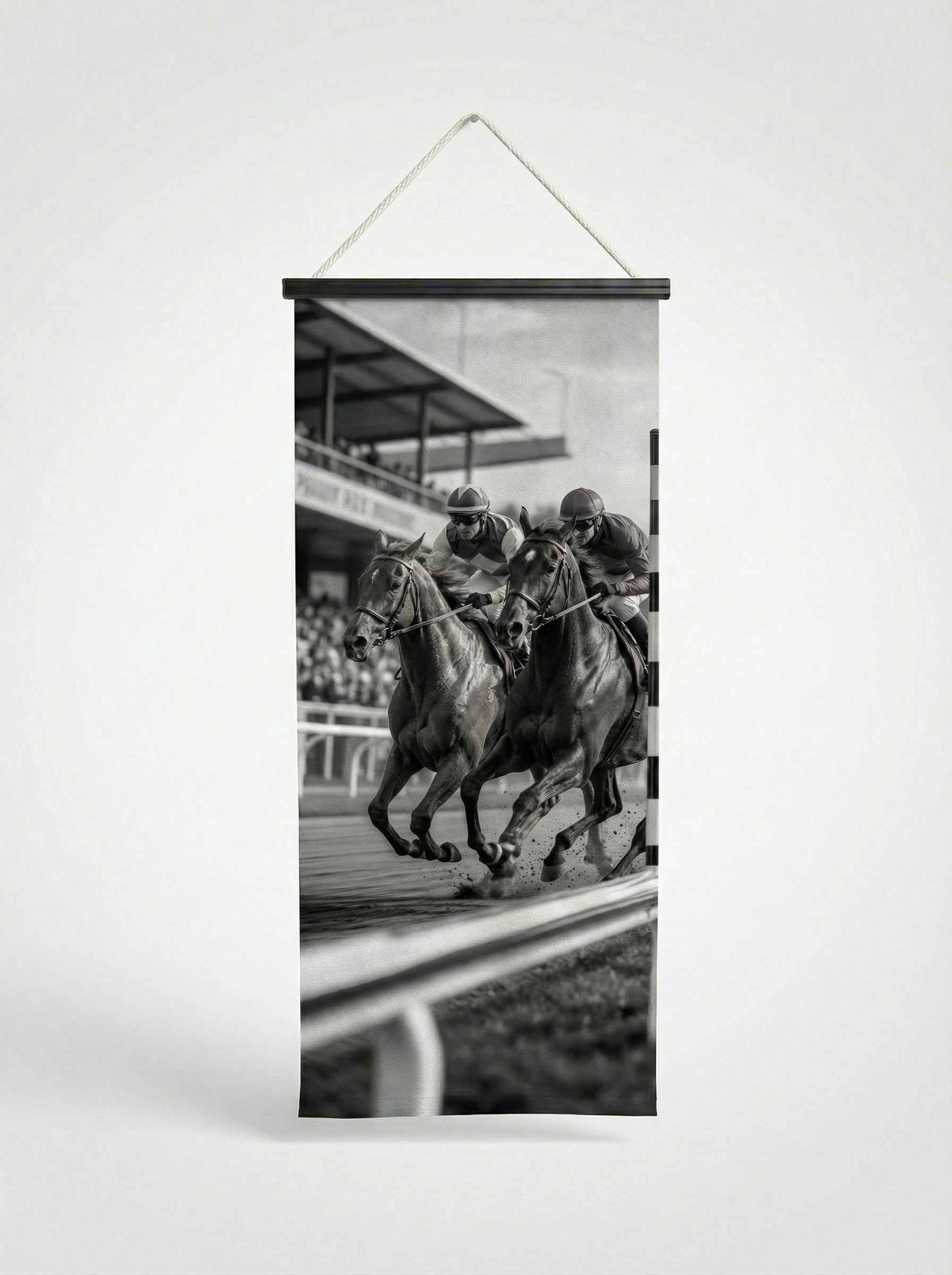 Banner Course hippique 75x180cm - Vue complète avec fixation bois noir mat