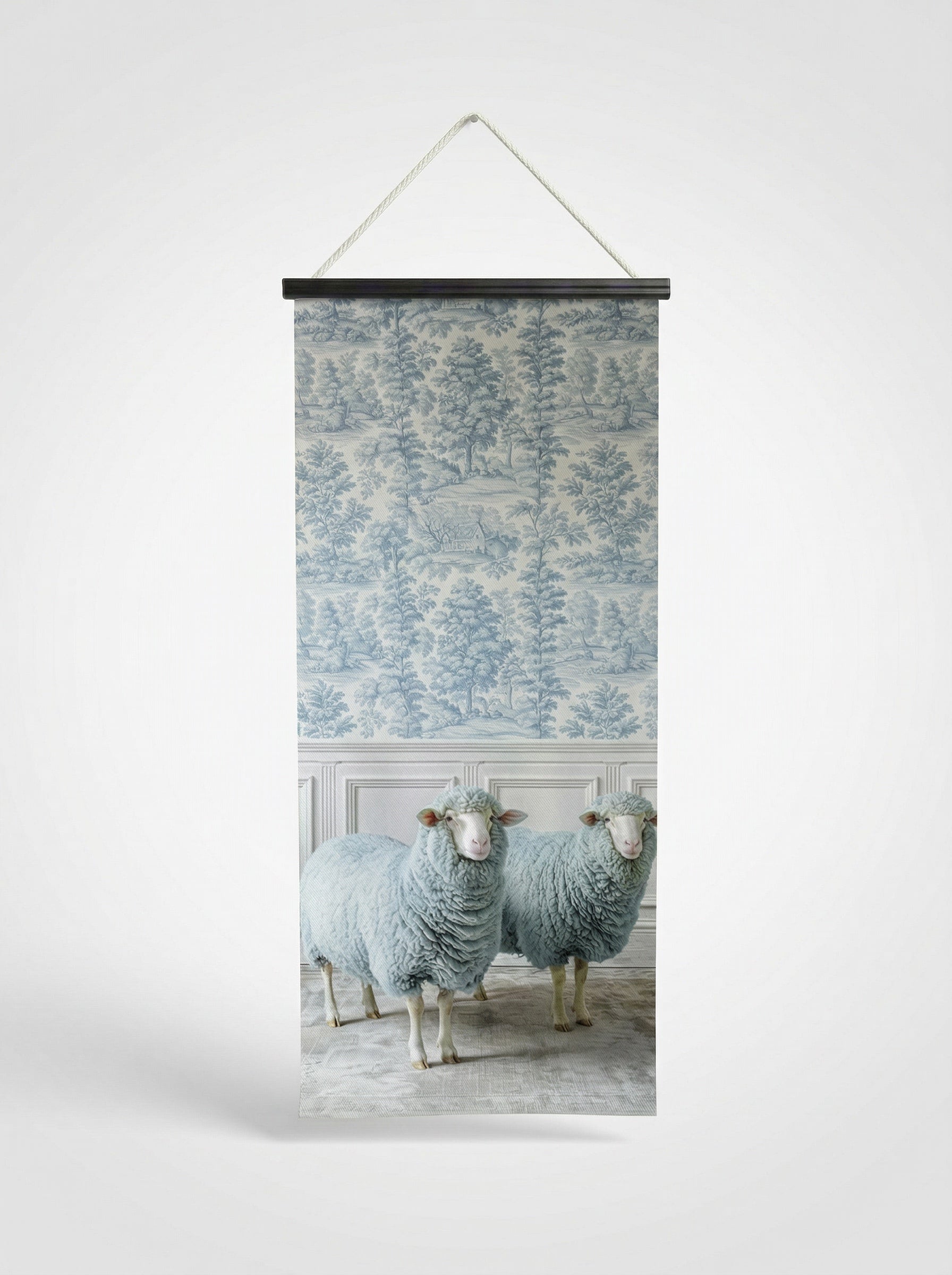 Banner Mouton bleu ciel 75x180cm - Vue complète avec fixation bois noir mat et corde de suspension