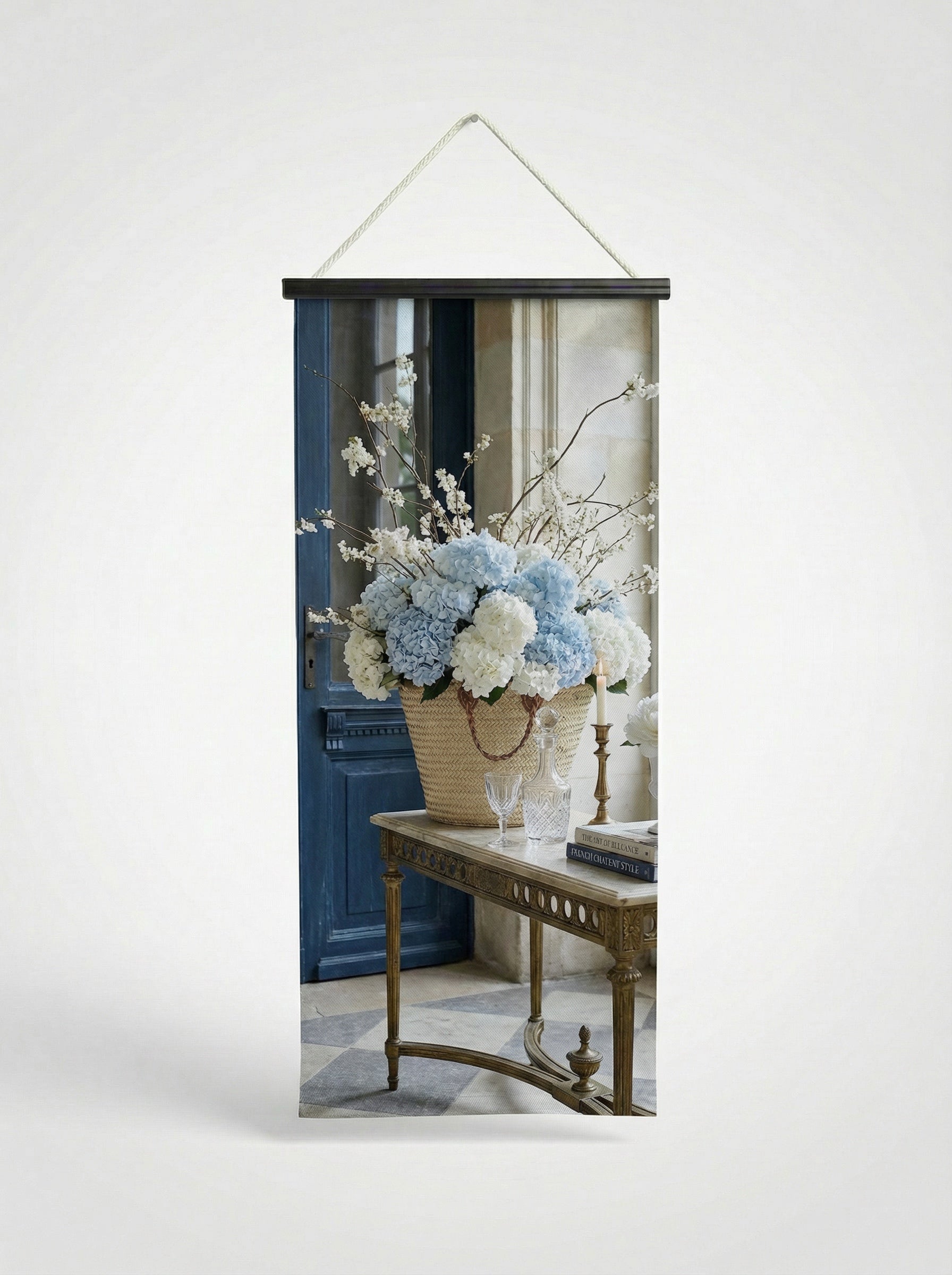 Banner Panier d'hortensias 75x180cm - Vue complète avec fixation bois noir mat