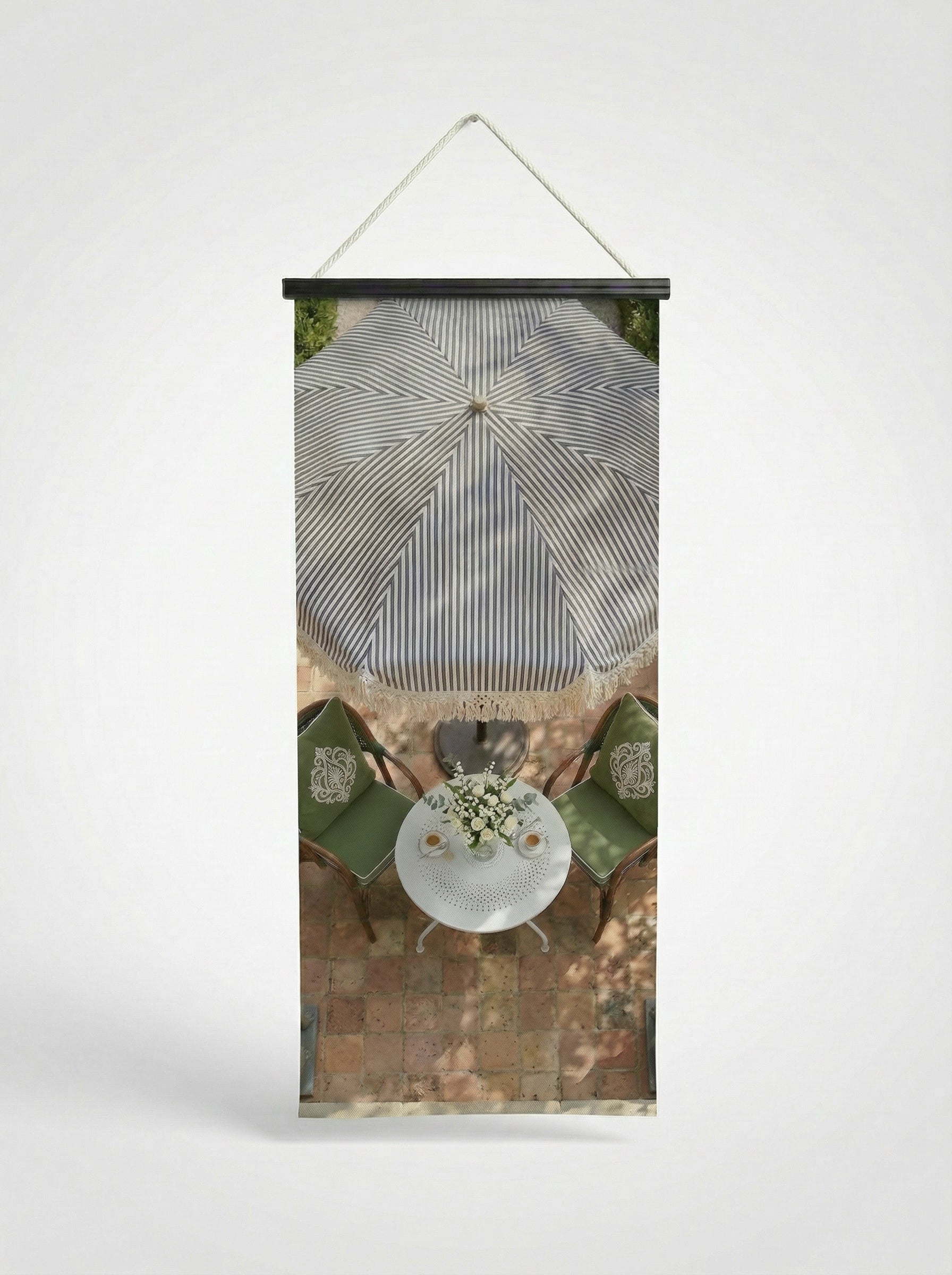 Banner Parasol rayé bleu 75x180cm - Vue complète avec fixation bois noir mat