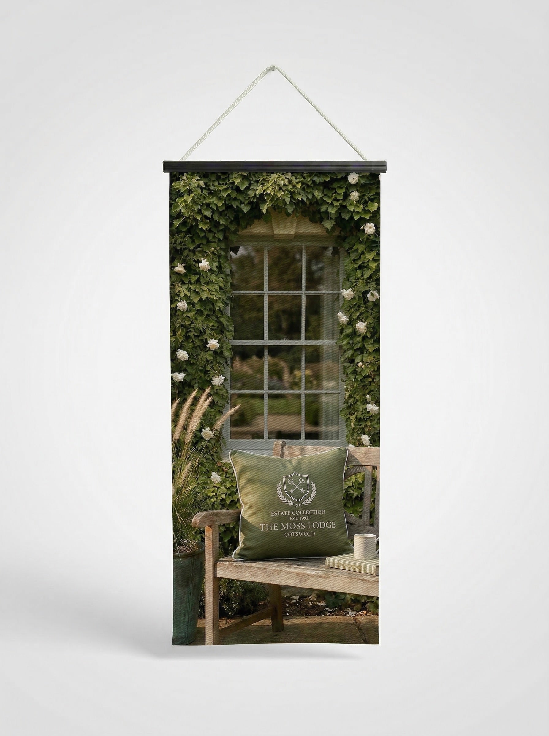 Banner Pause café 75x180cm - Vue complète avec fixation bois noir mat