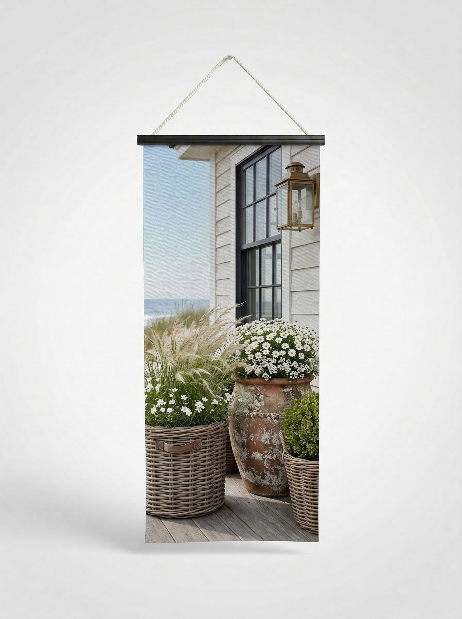 Banner Pavillon blanc 75x180cm - Vue complète avec fixation bois noir mat avec corde d’attache de qualité