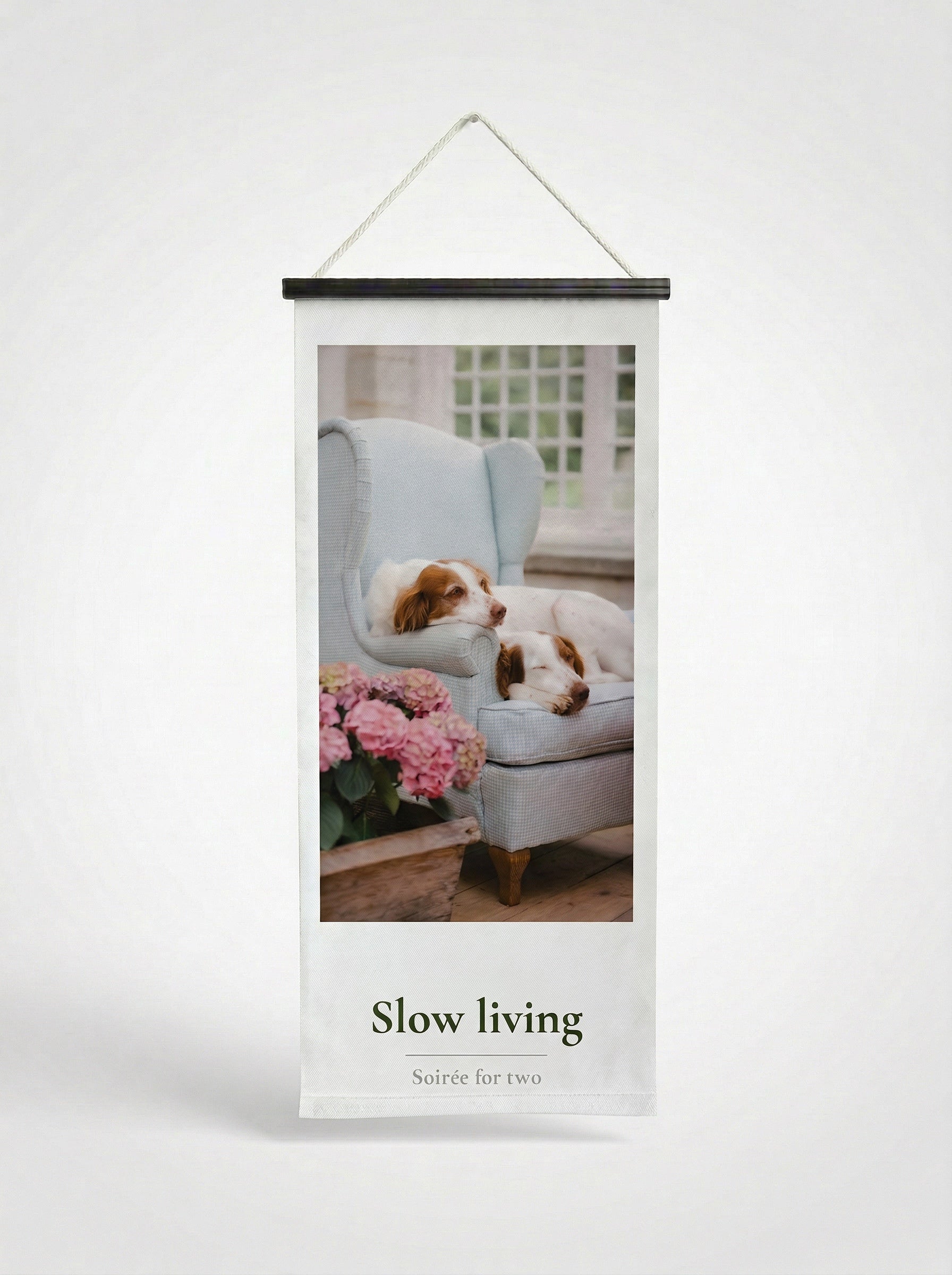 Banner Slow living 75x180cm - Vue complète avec fixation bois noir mat